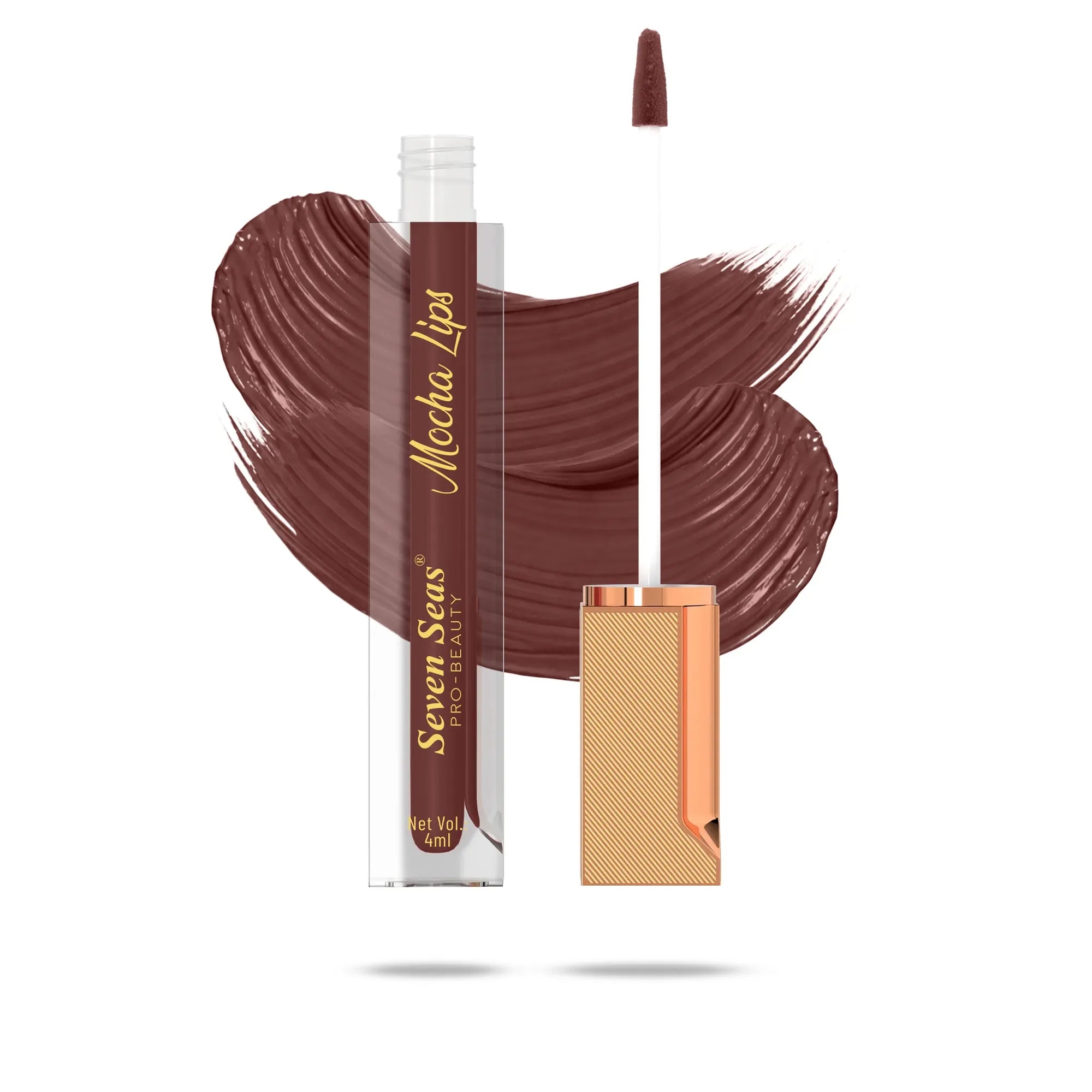Mocha Lips liquid lipstick with rich brown swatch, pro-beauty makeup product