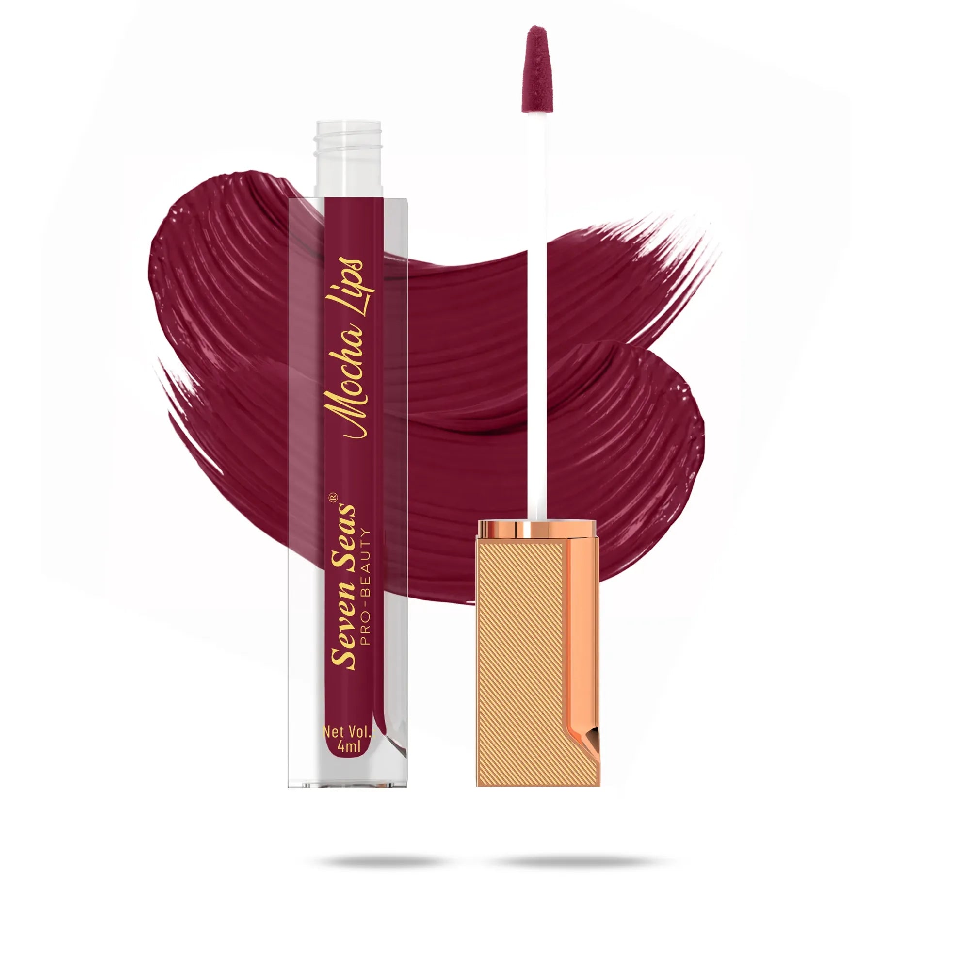 Mocha Lips liquid lipstick with rich burgundy swatch, sleek gold applicator, and transparent tube design