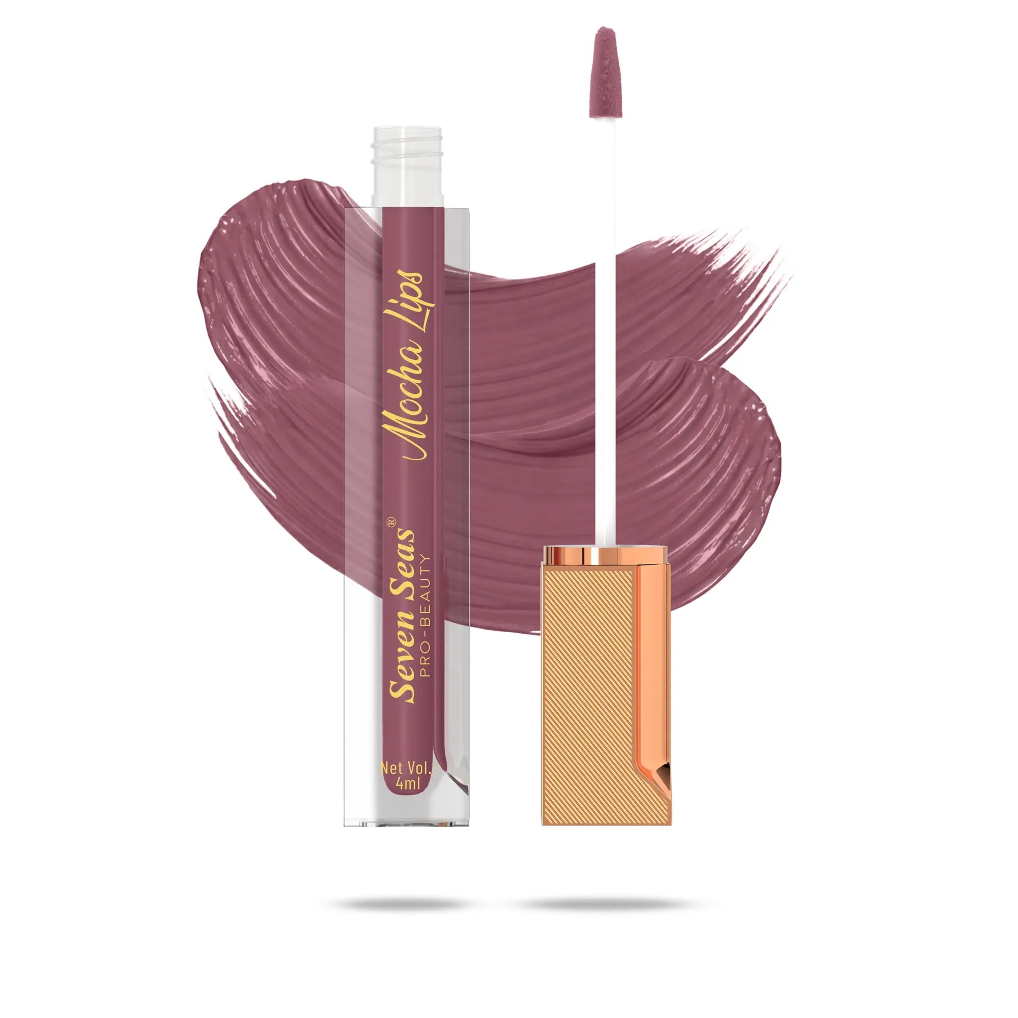 Mocha Lips liquid lipstick with swatch, showcasing rich mauve shade and sleek applicator for precise application.