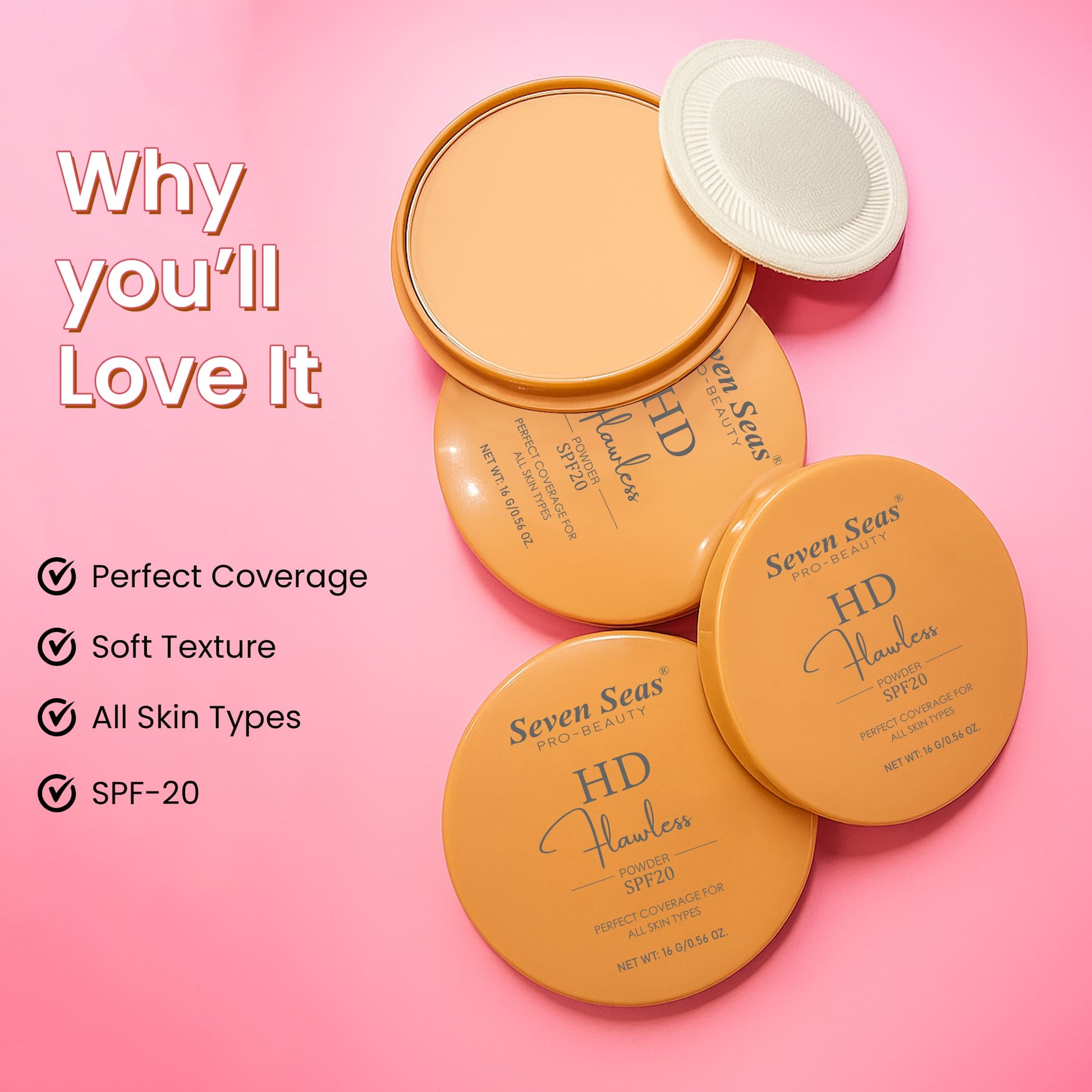 Seven Seas HD Flawless Compact Powder | SPF-20 | Perfect Coverage For All Skin Types | Soft Texture | Oil Free and Blends Effortlessly - Seven Seas Cosmetics