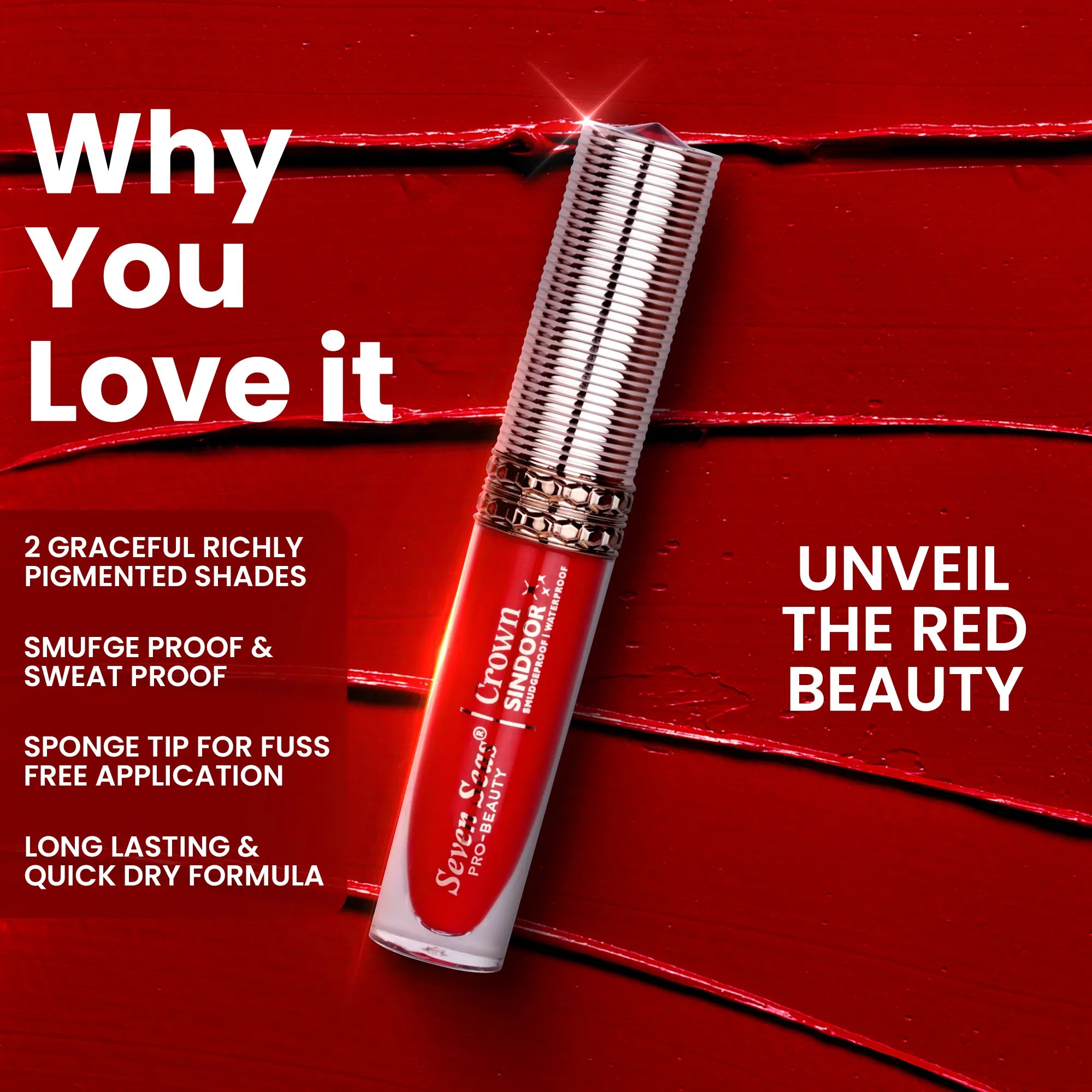 Lip gloss with comb on a red background, featuring text about product features. buy beauty products online at best in india