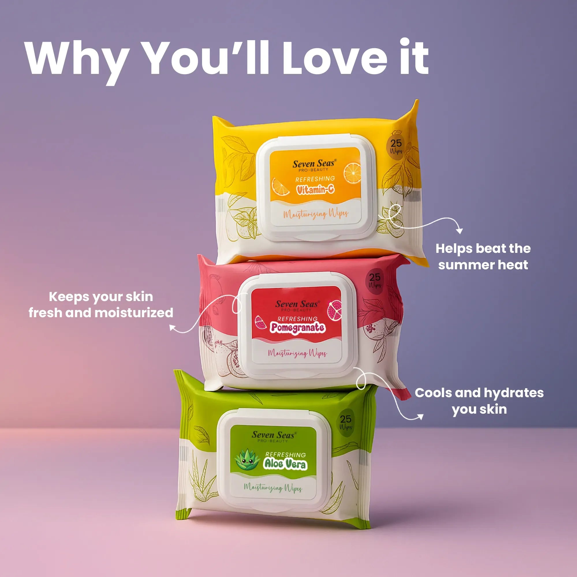 Pack Of Three Refreshing Moisturizing wipes With Seven Seas Cosmetics