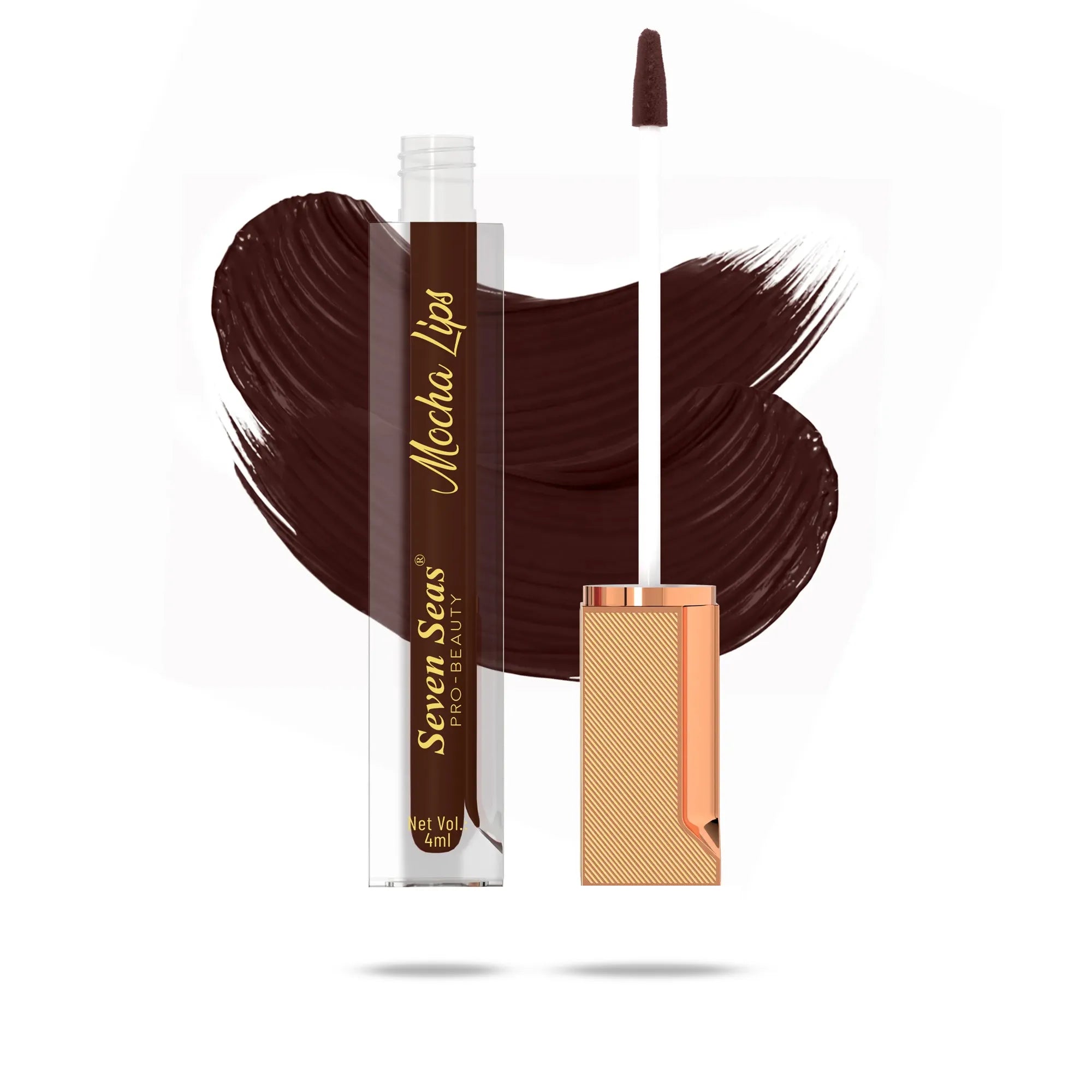 Mocha Lips liquid lipstick with rich brown swatch, sleek applicator, and elegant packaging