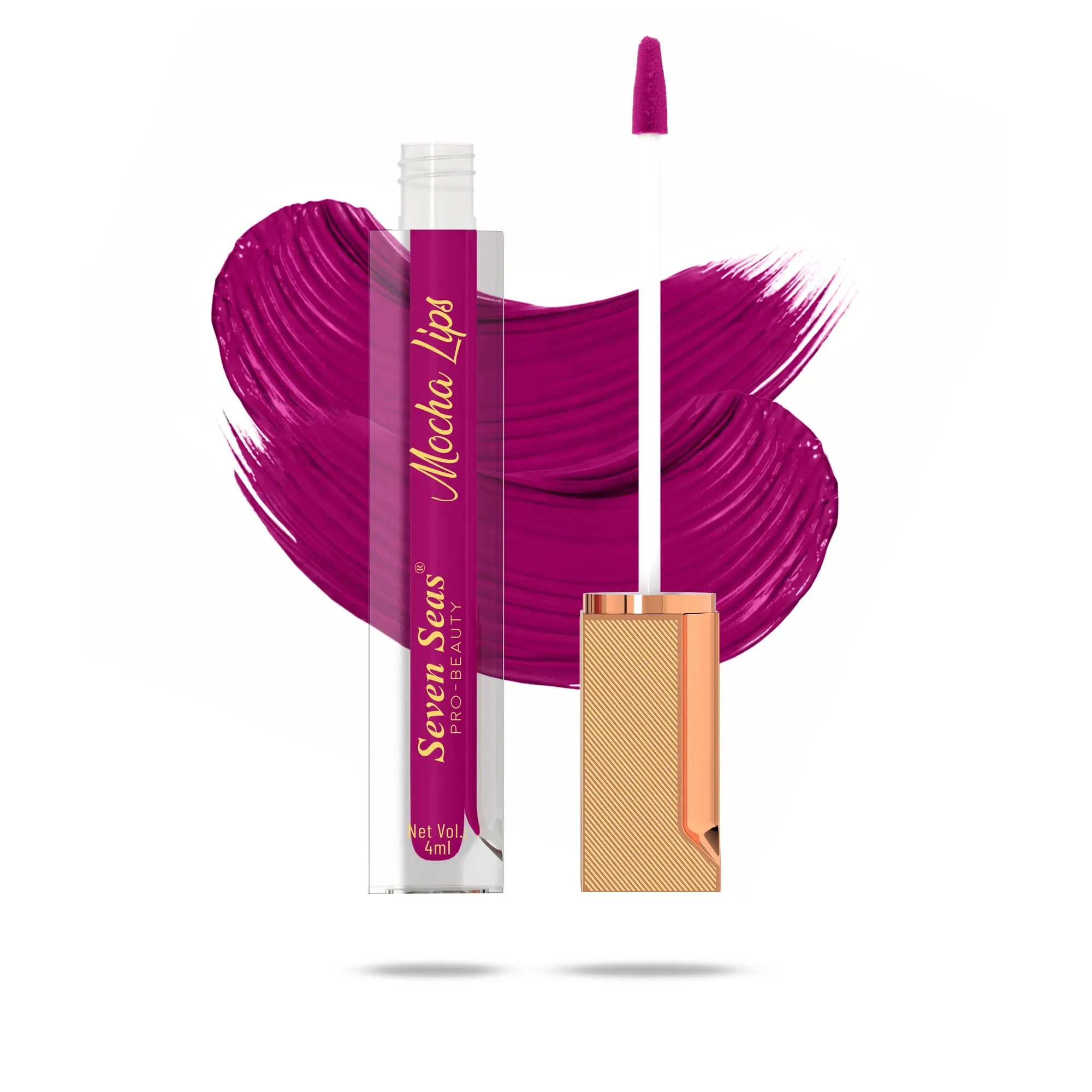 Mocha Lips liquid lipstick by Seven Seas, vibrant purple shade with gold applicator, 4ml