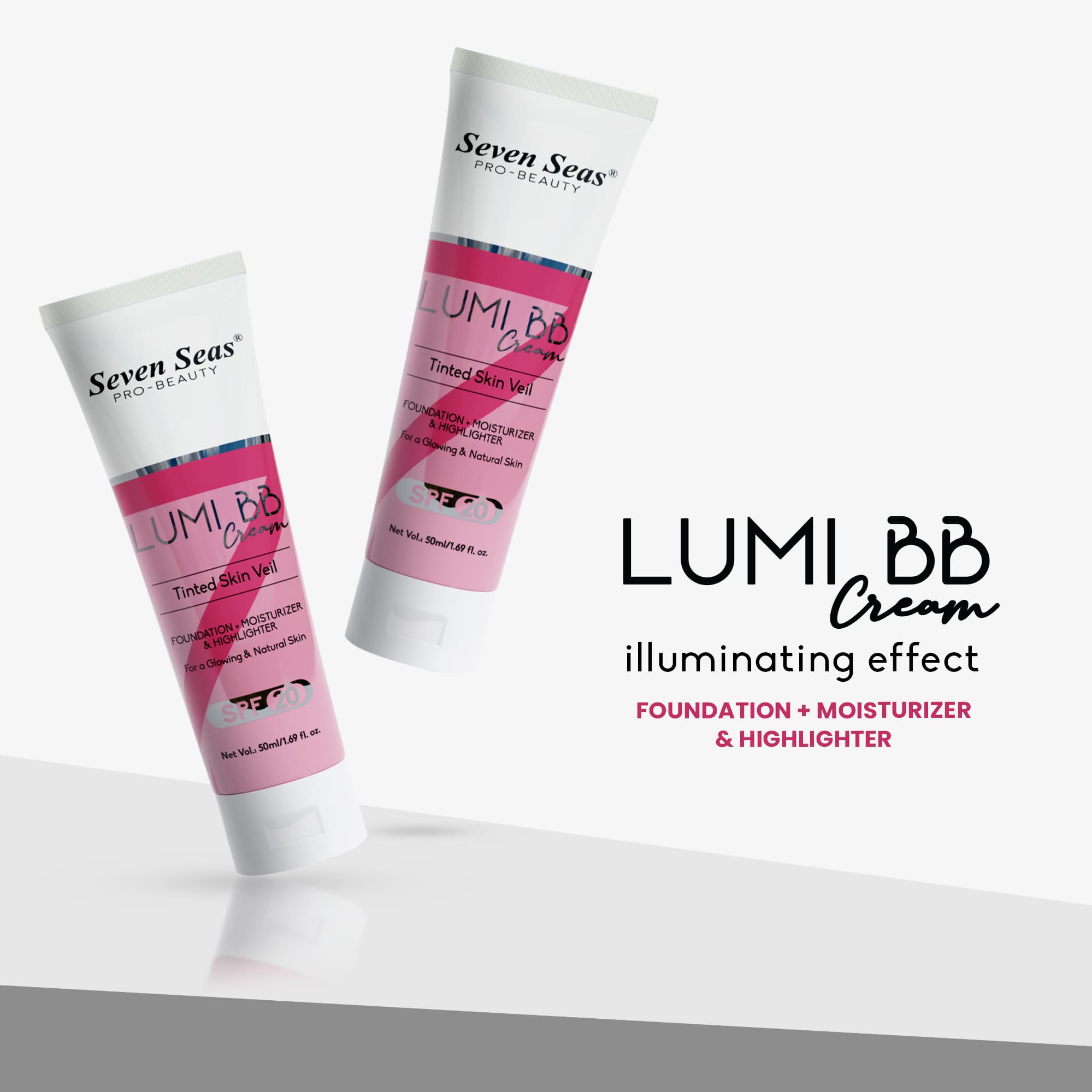 Seven Seas Lumi BB Cream, Tinted Skin Veil Foundation with SPF-20, Foundation + Moisturizer + Highlighter, 50ml - Seven Seas Cosmetics