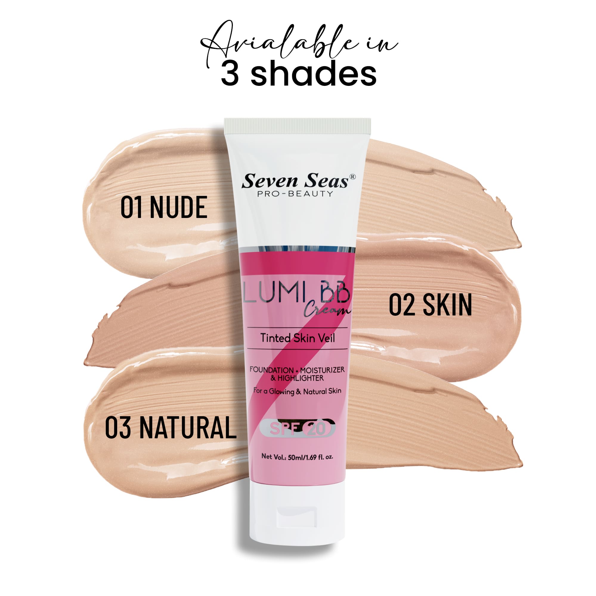 Seven Seas Lumi BB Cream, Tinted Skin Veil Foundation with SPF-20, Foundation + Moisturizer + Highlighter, 50ml - Seven Seas Cosmetics