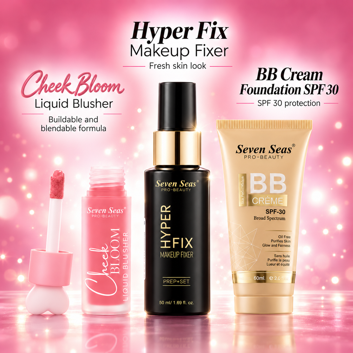 BB Cream Foundation SPF 30 + Cheek Bloom Liquid Blusher + Hyper Fix Makeup Fixer