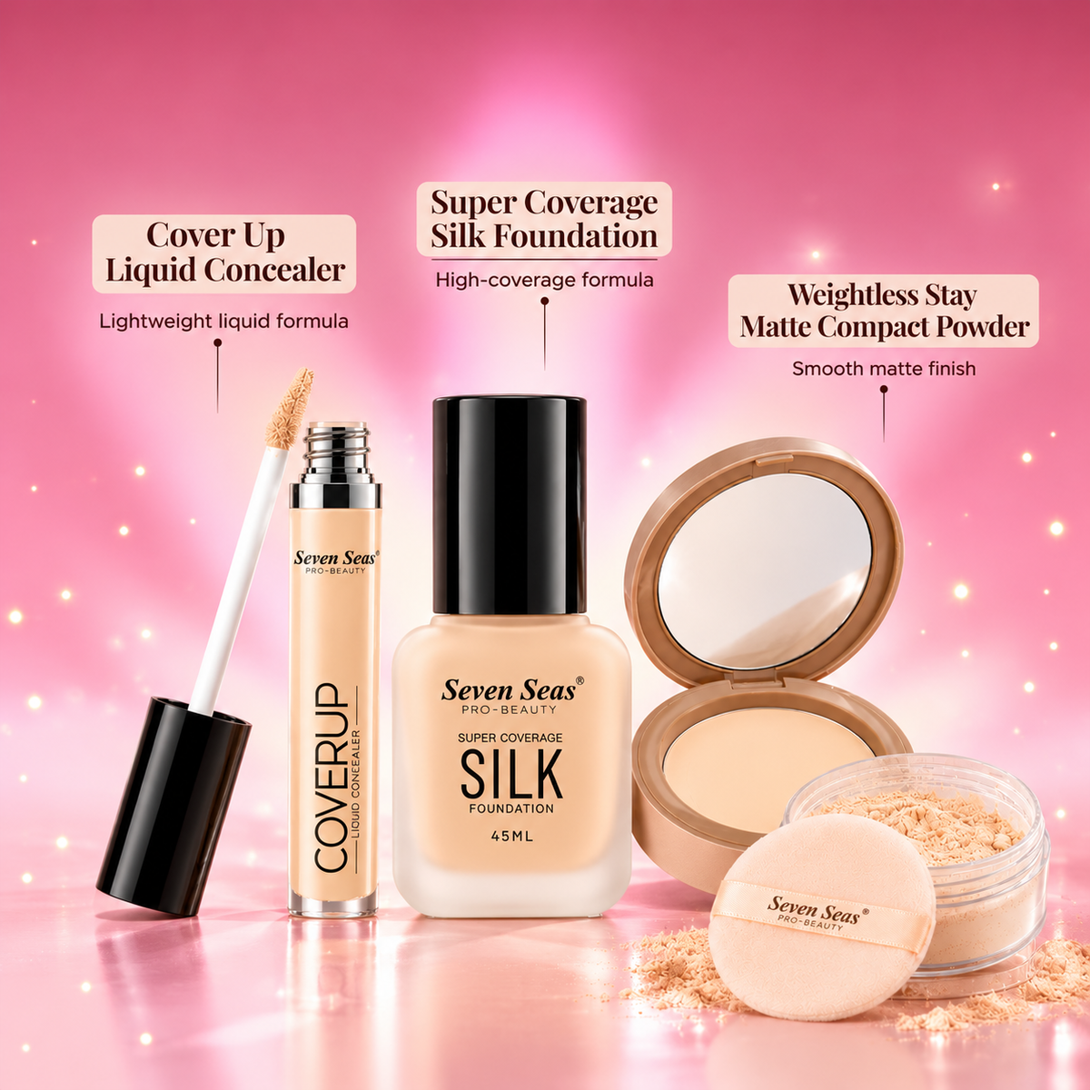 Super Coverage Silk Foundation + Weightless Stay Matte Compact Powder + Cover Up Liquid Concealer