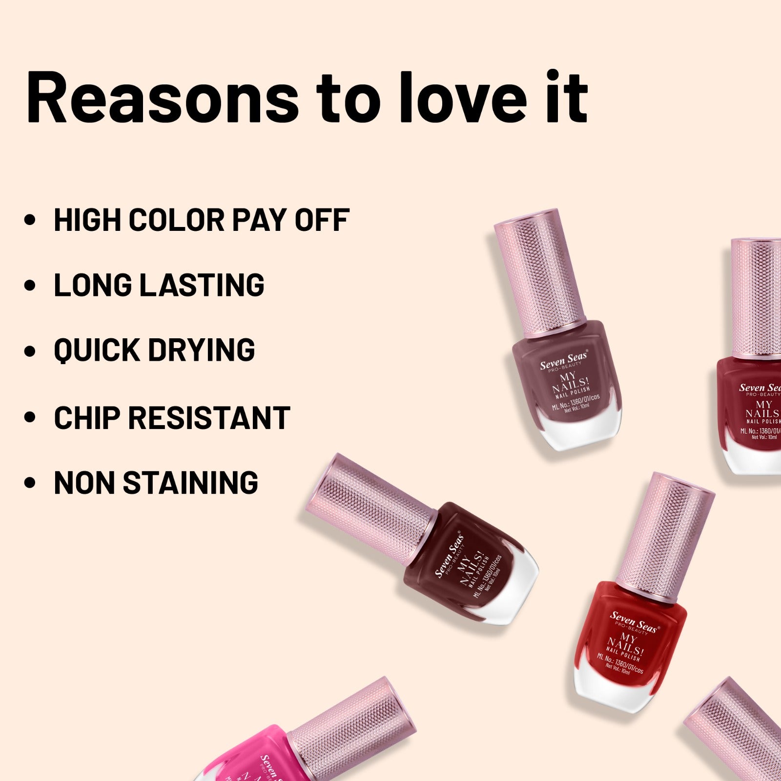 Seven Seas My Nails Nail Polish, High Colour Pay Off, Long Lasting, Quick Drying, Chip Resistant, Non-Staining, 10ml - Seven Seas Cosmetics