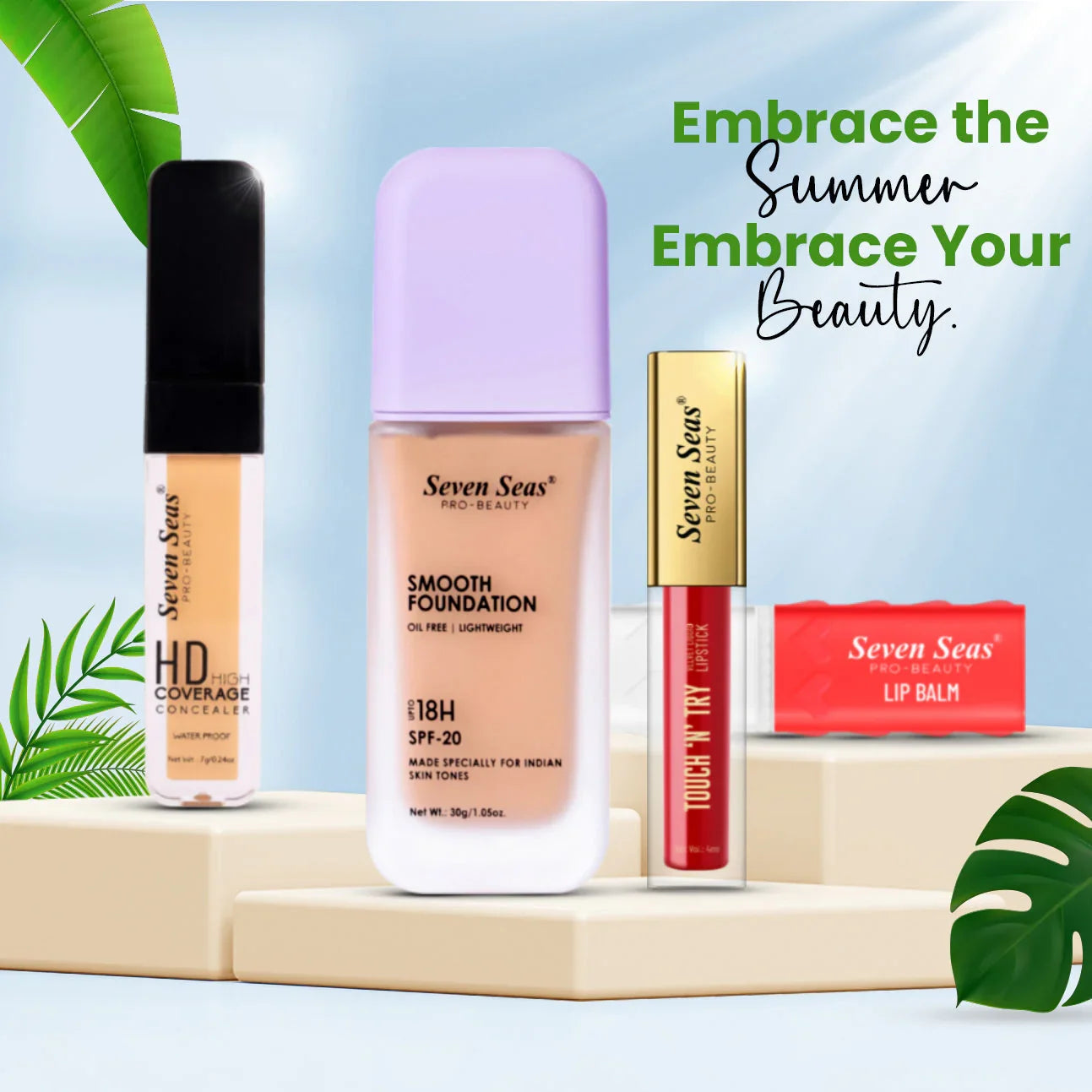 Seven Seas Pro-Beauty summer makeup collection: HD concealer, smooth foundation, lip gloss, and lip balm for Indian skin tones