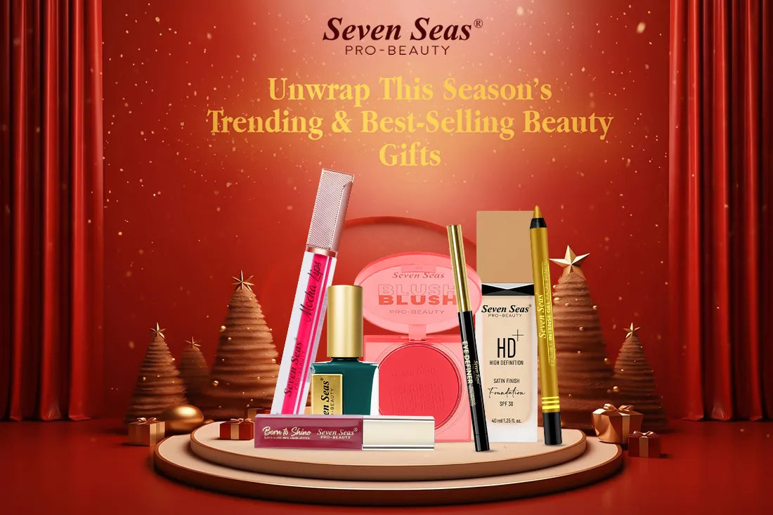 Seven Seas Pro-Beauty holiday makeup collection with blush, foundation, lip gloss, and eyeliners on festive red stage