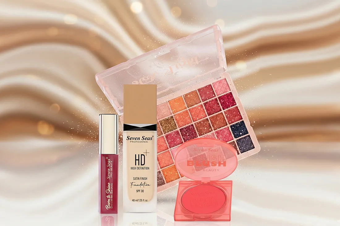 Seven Seas makeup collection: HD foundation, eyeshadow palette, blush & lip gloss for glowing beauty looks