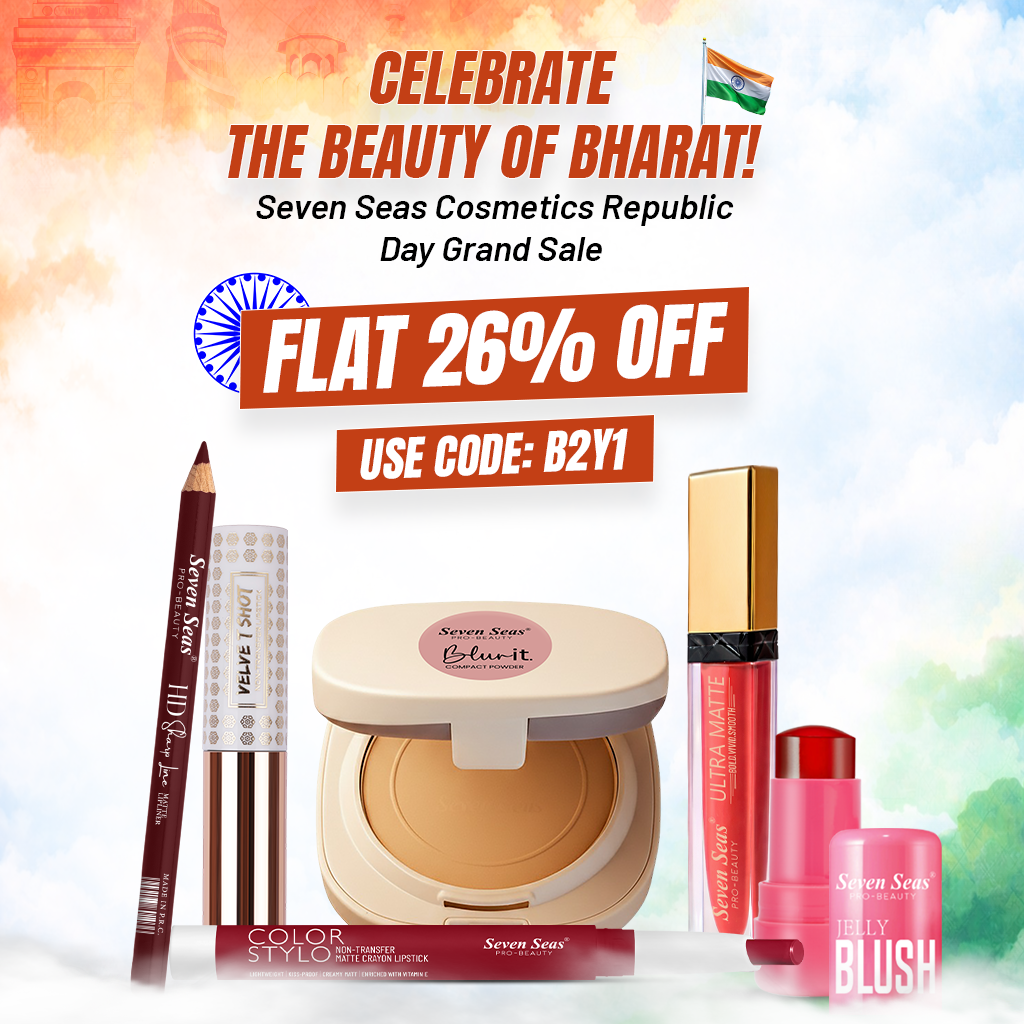 Seven Seas Cosmetics Republic Day sale with flat 26% off on makeup products like lipsticks, blush, and compact powder