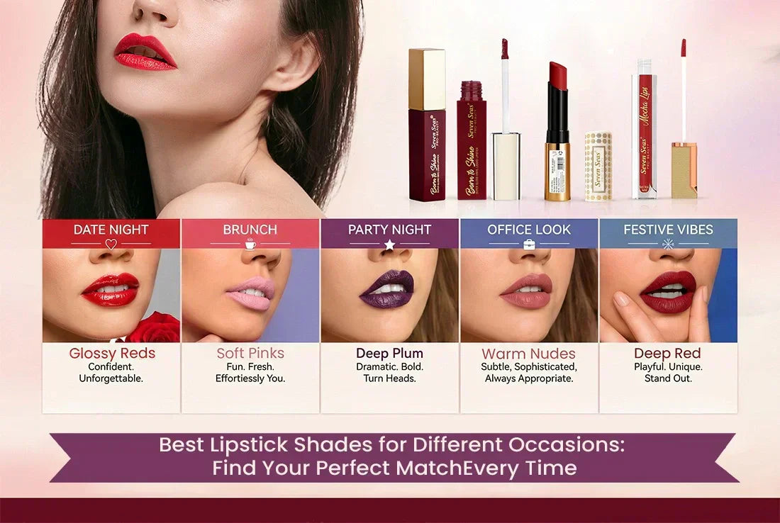 Best lipstick shades for every occasion: glossy reds, soft pinks, deep plum, warm nudes, deep red — perfect match for date night, brunch, party, office, festive vibes