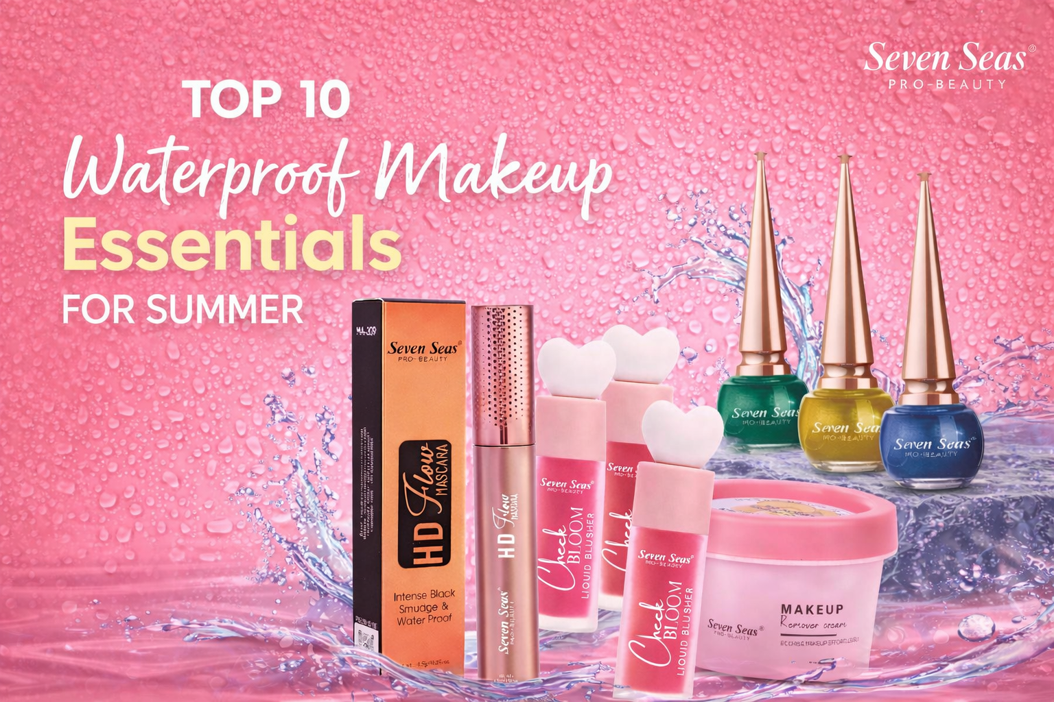 Top 10 waterproof makeup essentials for summer: mascara, liquid blush, nail polish, remover cream on pink water splash background