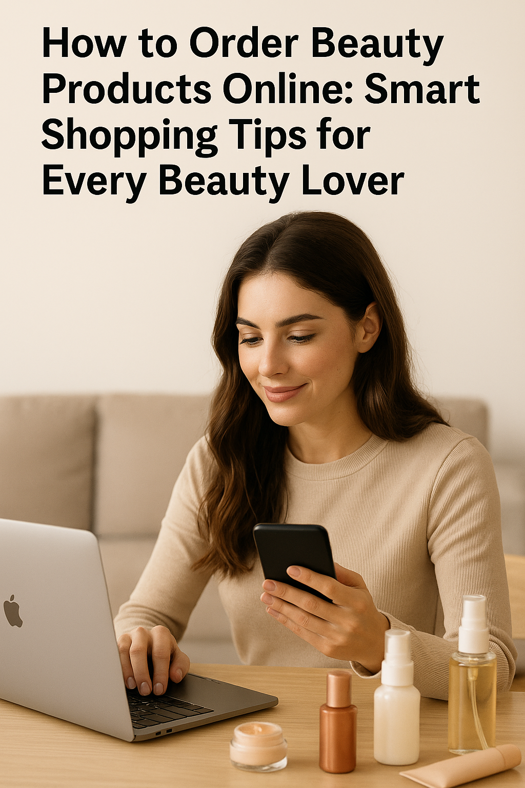 Woman shopping for beauty products online with phone and laptop, surrounded by cosmetics