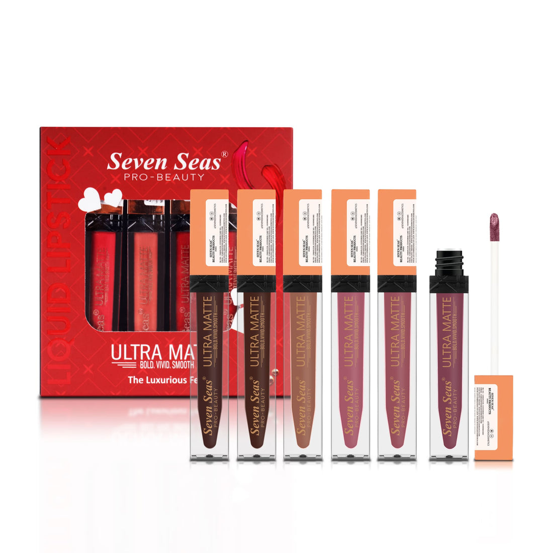 Set of Seven Seas Ultra Matte lipsticks with packaging on a white background