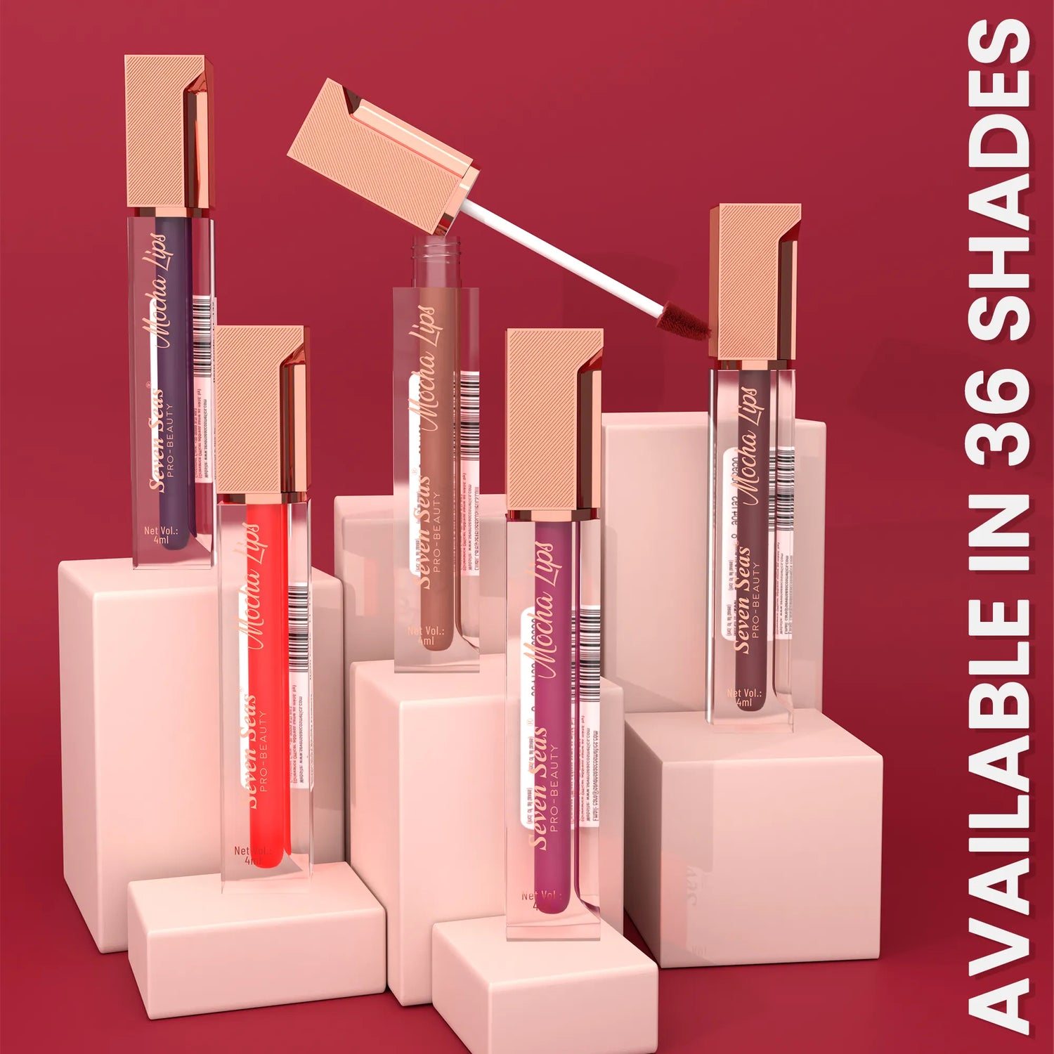 Mocha Lips liquid lipstick in 36 shades, vibrant colors, luxury packaging, beauty products