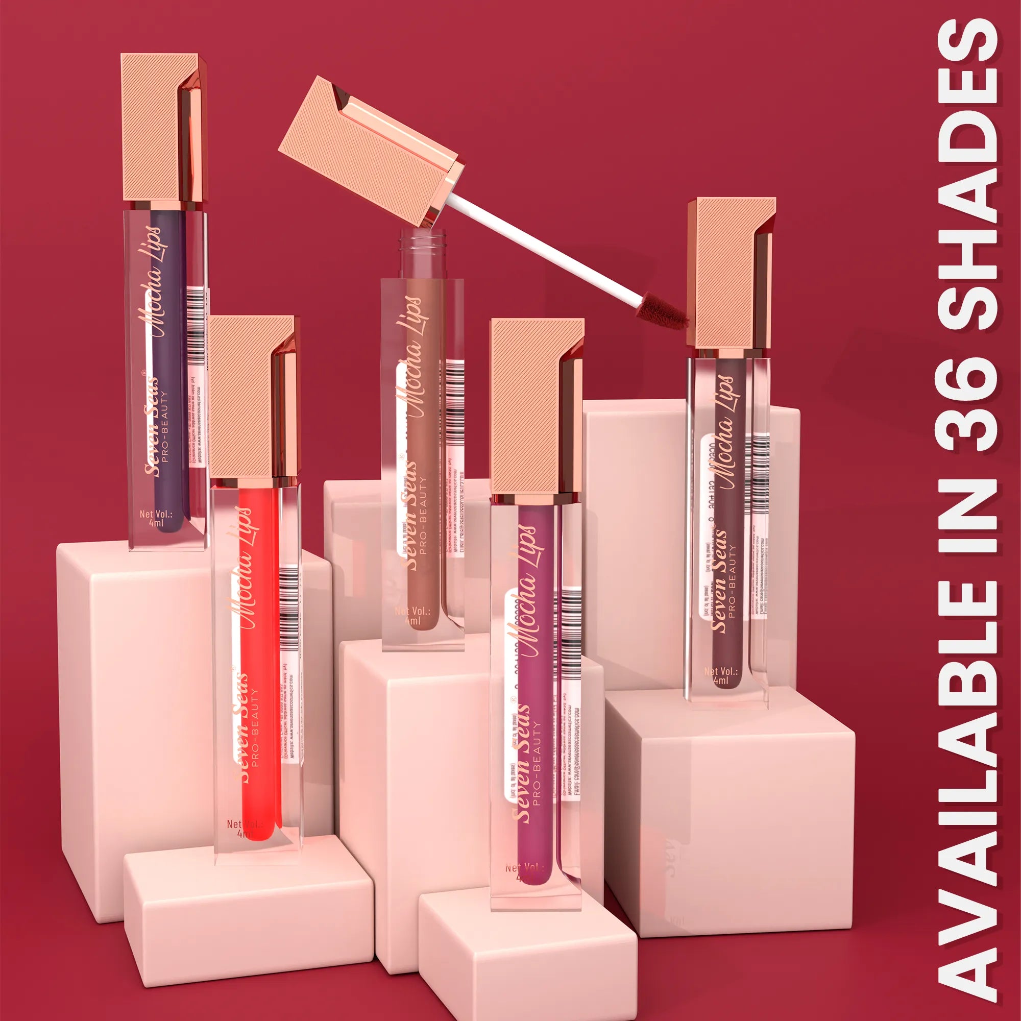 Mocha Lips liquid lipstick in 36 shades, vibrant colors, luxury packaging, beauty products