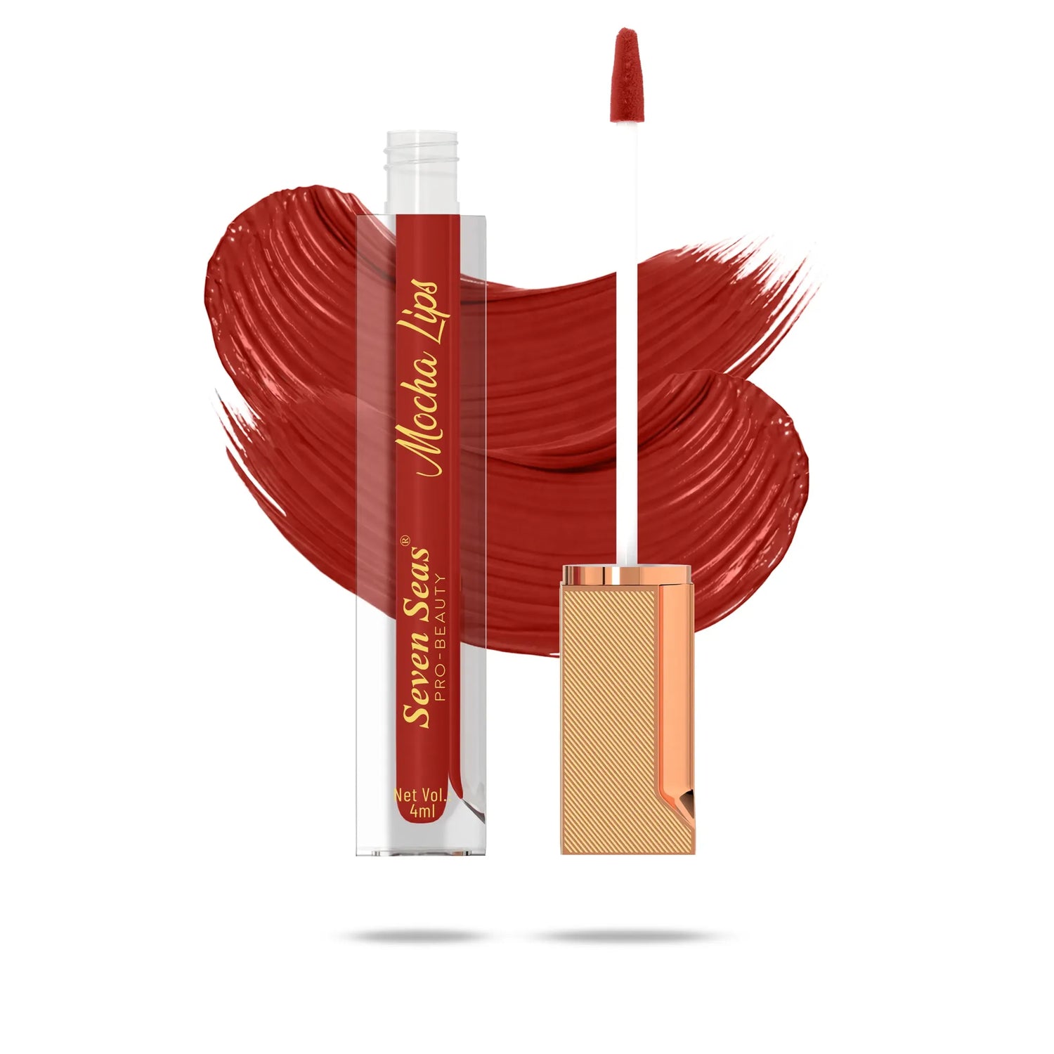 Mocha Lips liquid lipstick with rich red swatch, pro-beauty makeup product