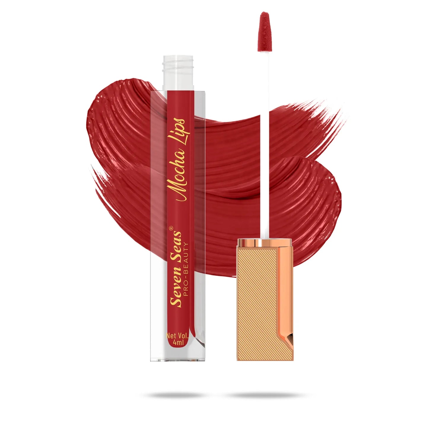 Mocha Lips liquid lipstick with rich red swatch, Seven Seas Pro-Beauty, 4ml
