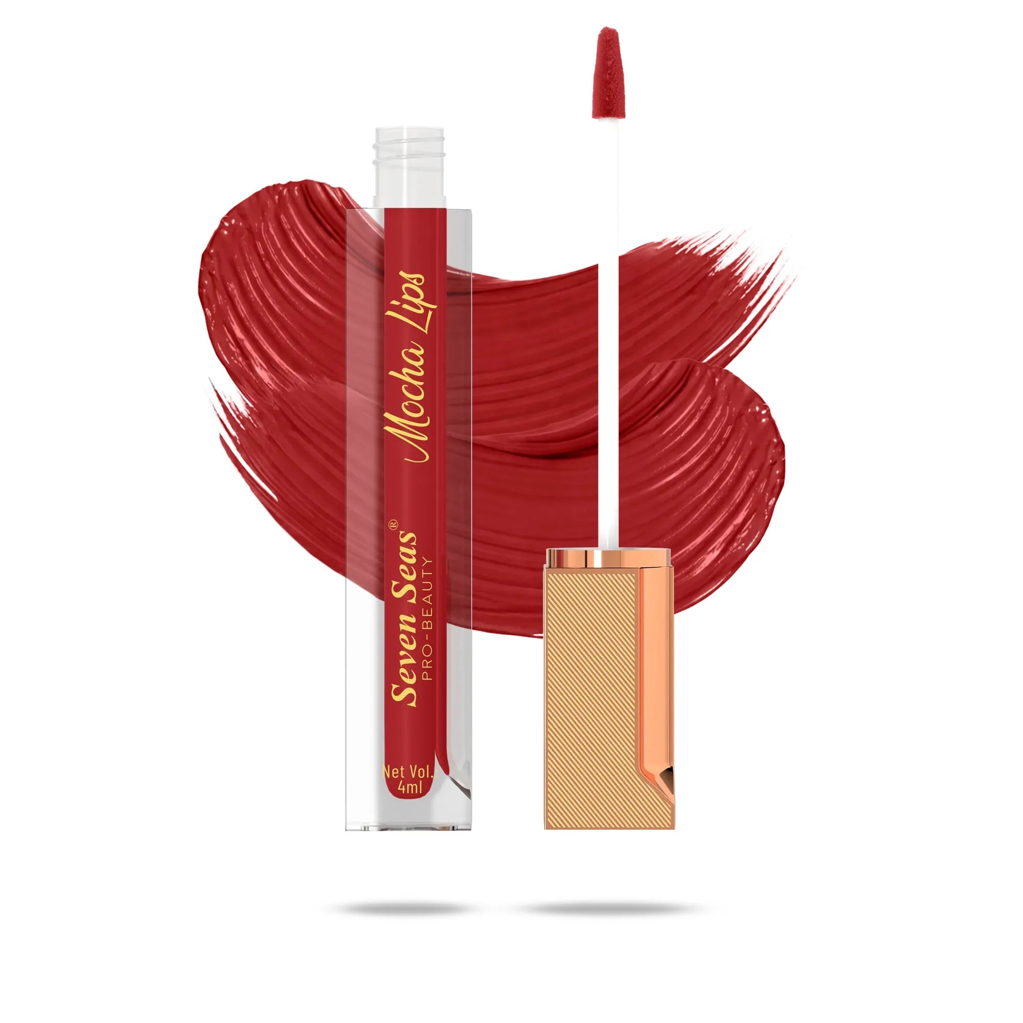 Mocha Lips liquid lipstick with rich red swatch, Seven Seas Pro-Beauty, 4ml