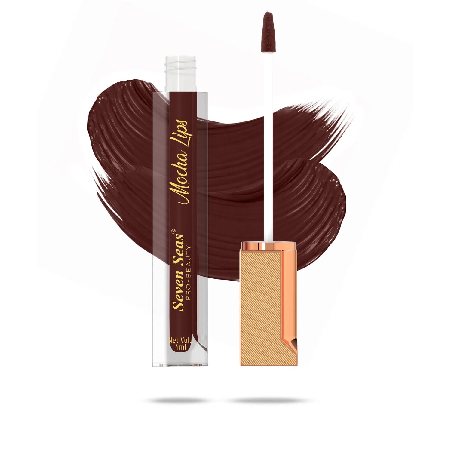 Mocha Lips liquid lipstick with rich brown swatch, sleek applicator, and elegant packaging