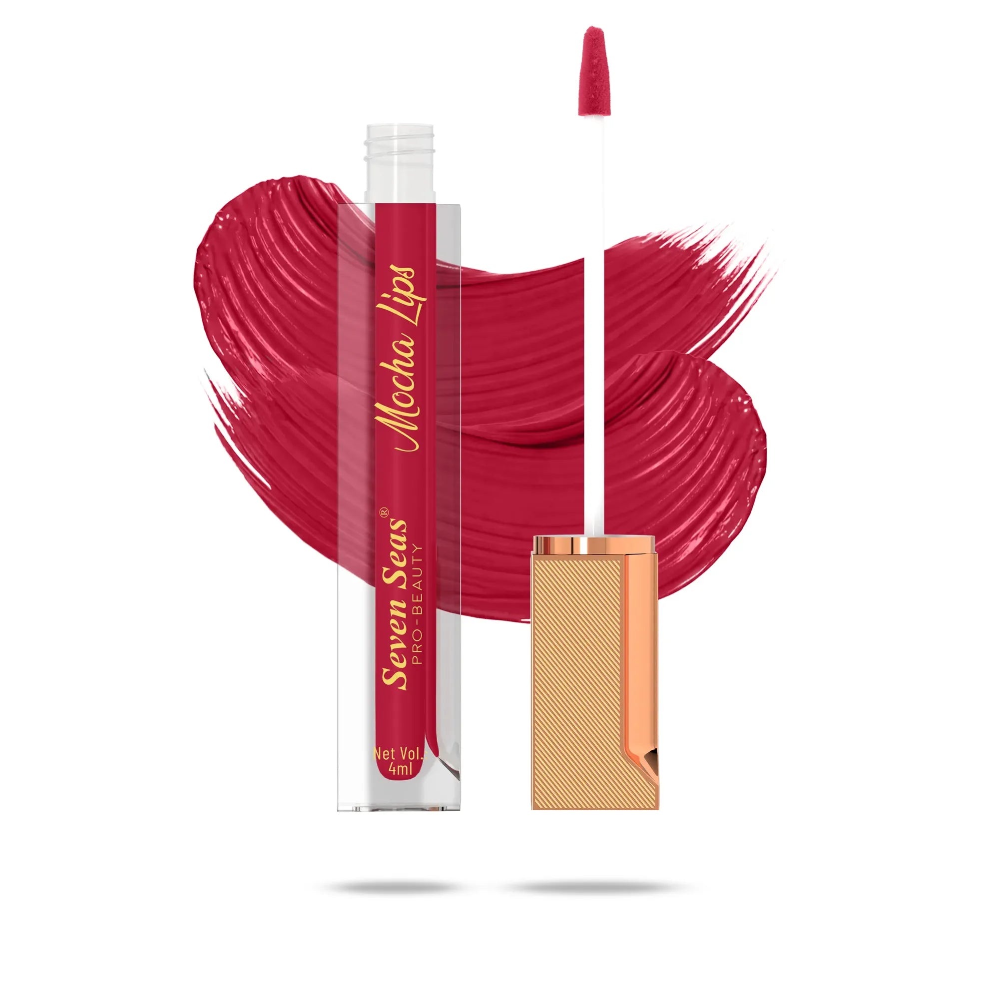 Mocha Lips liquid lipstick with rich red swatch and gold applicator, perfect for bold makeup looks.