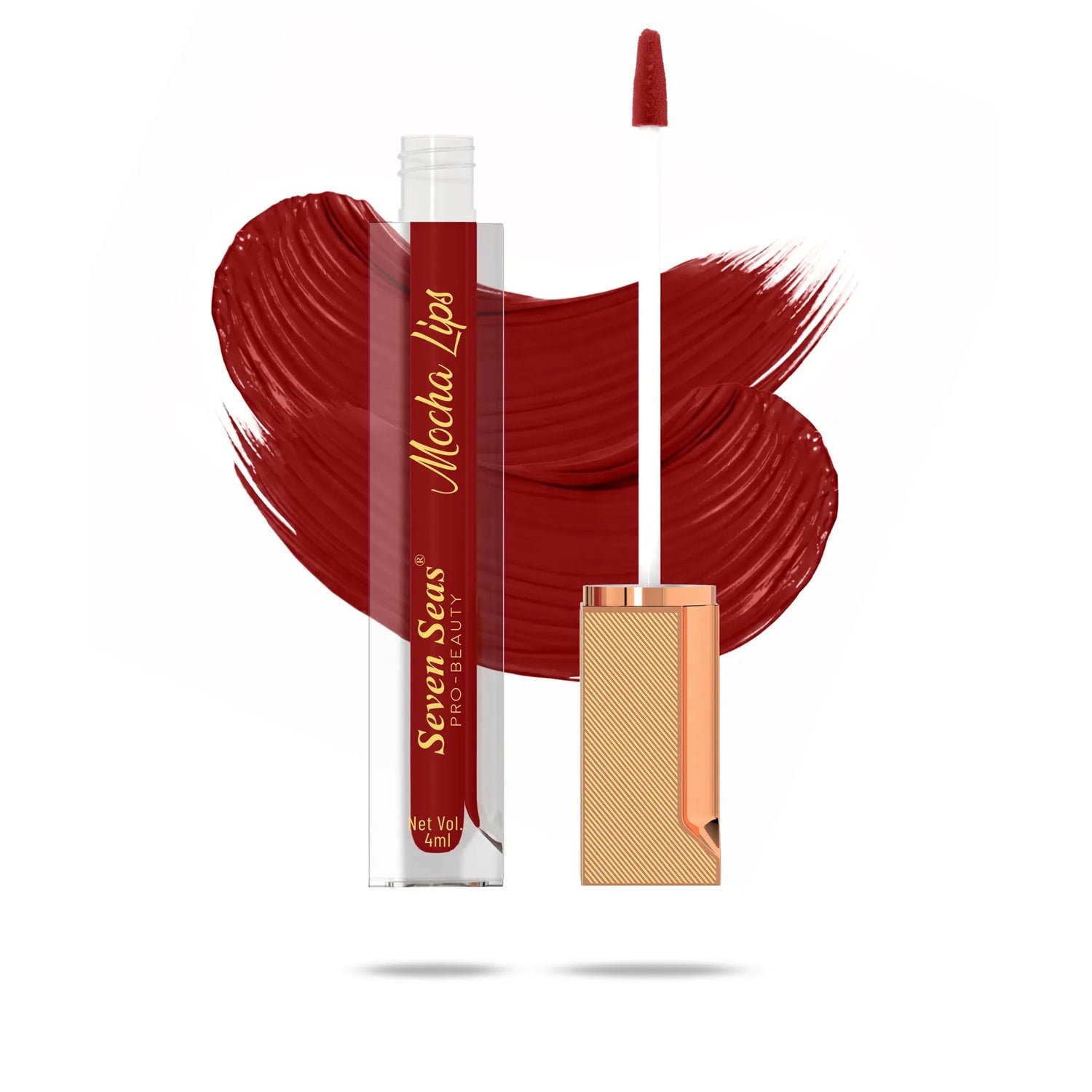 Mocha Lips liquid lipstick with rich red swatch, pro-beauty cosmetic product