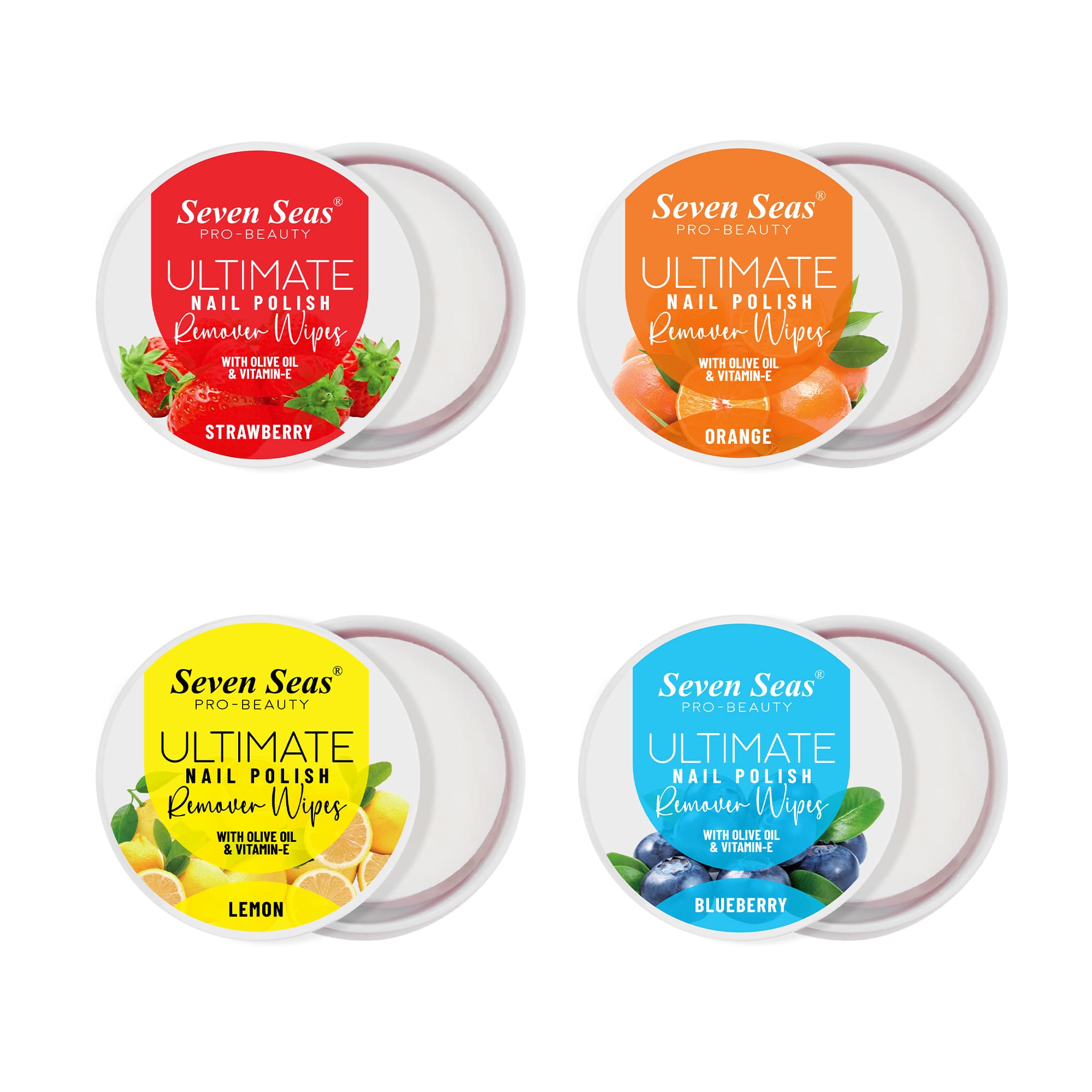 Four containers of Seven Seas Ultimate Nail Polish Remover Wipes with different fruit flavors on a white background. Order beauty products online.