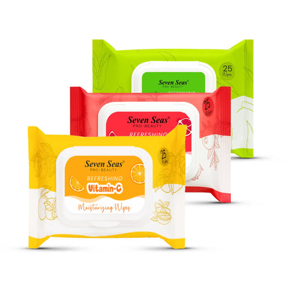Pack Of Three Refreshing Moisturizing wipes With Seven Seas Cosmetics