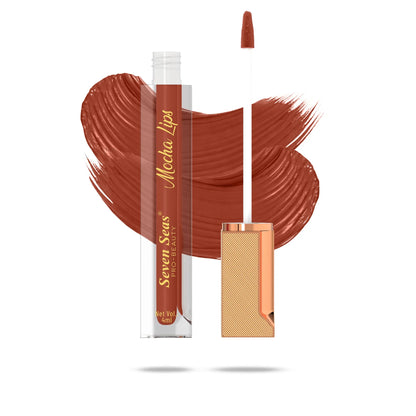 Mocha Lips liquid lipstick with rich brown swatch, pro-beauty makeup product