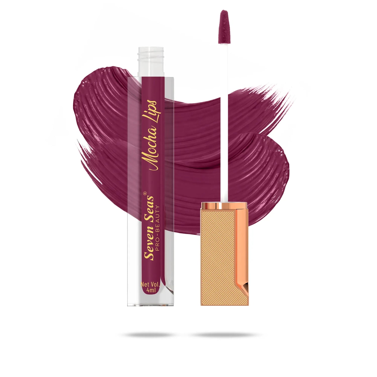 Mocha Lips liquid lipstick with rich burgundy swatch, sleek gold applicator, and transparent tube design