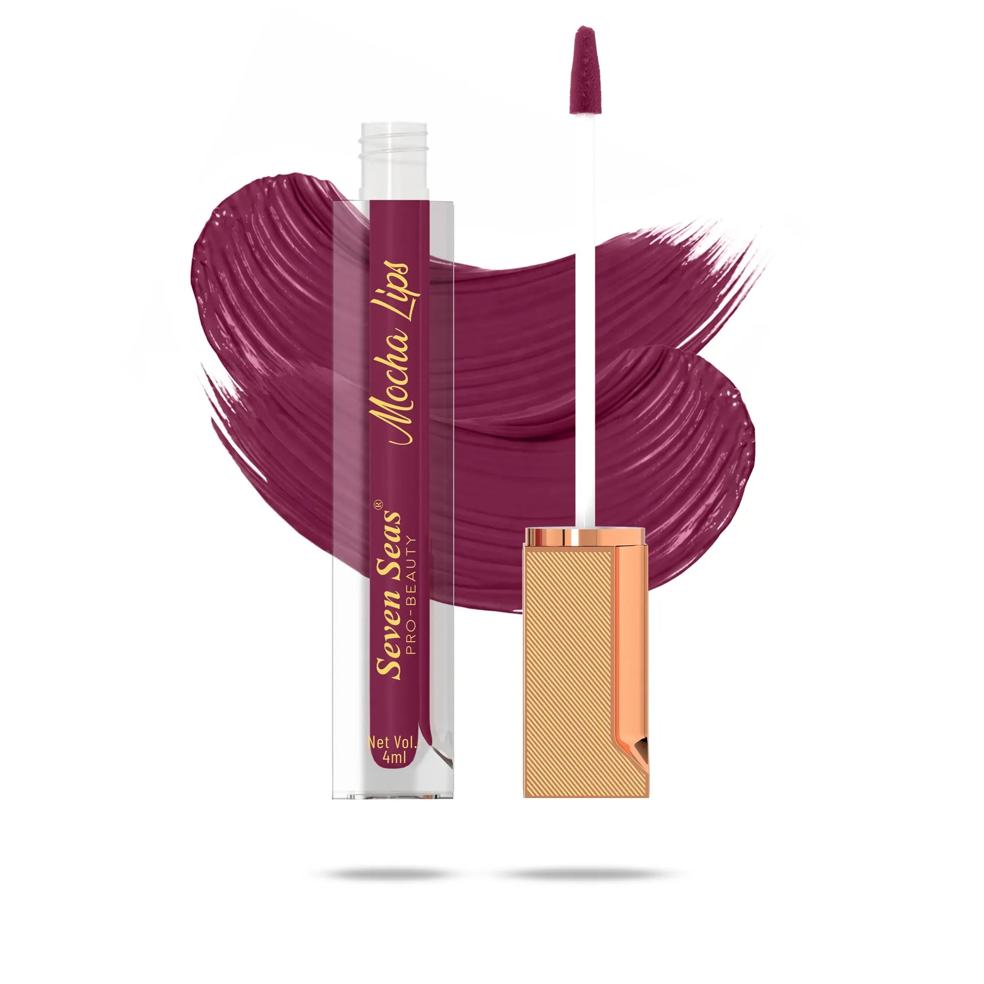 Mocha Lips liquid lipstick with rich burgundy swatch, sleek gold applicator, and transparent tube design