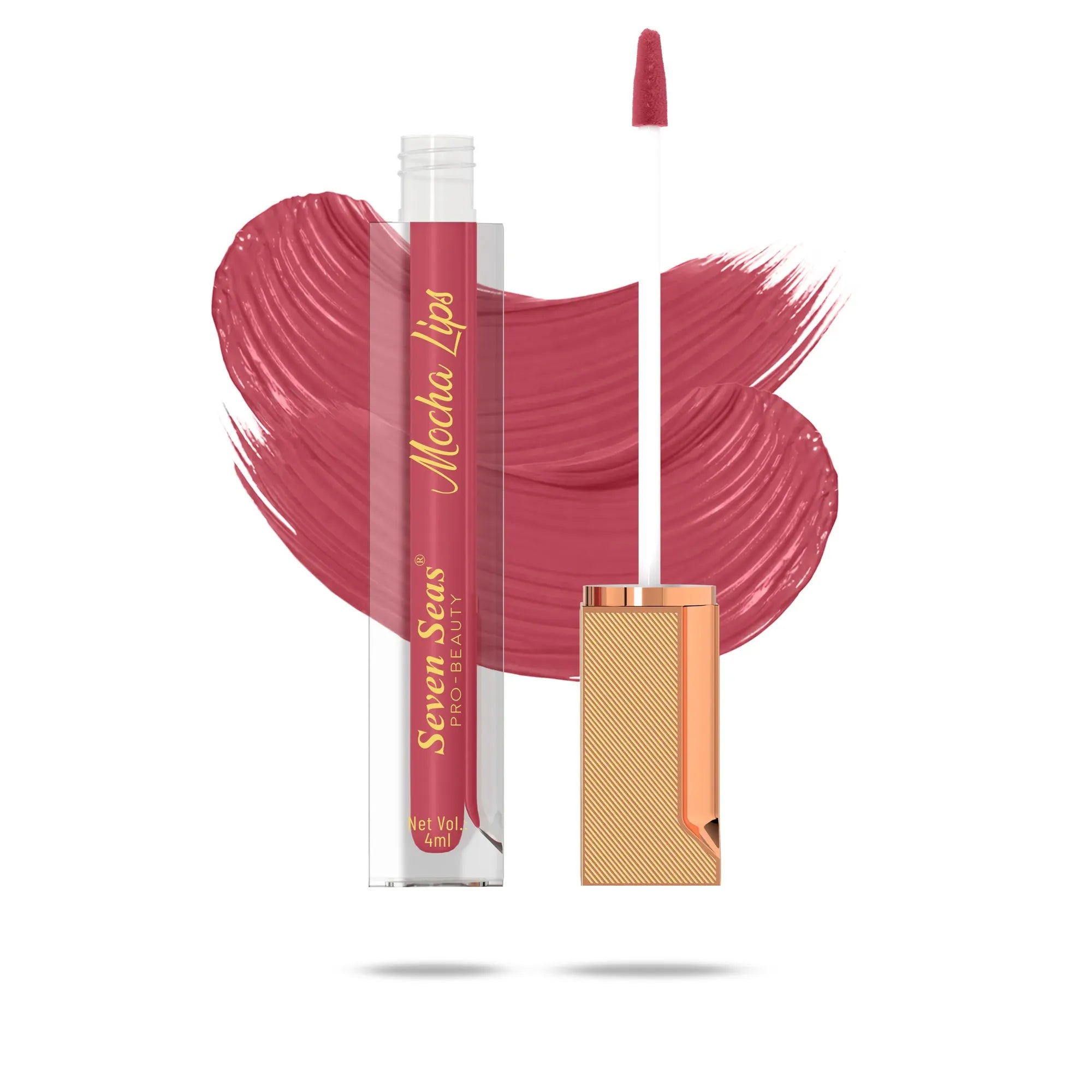 Mocha Lips liquid lipstick with rose gold applicator and swatch, perfect for bold makeup looks