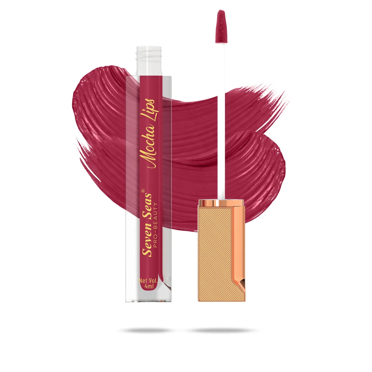 Mocha Lips liquid lipstick with rich burgundy swatch and gold applicator