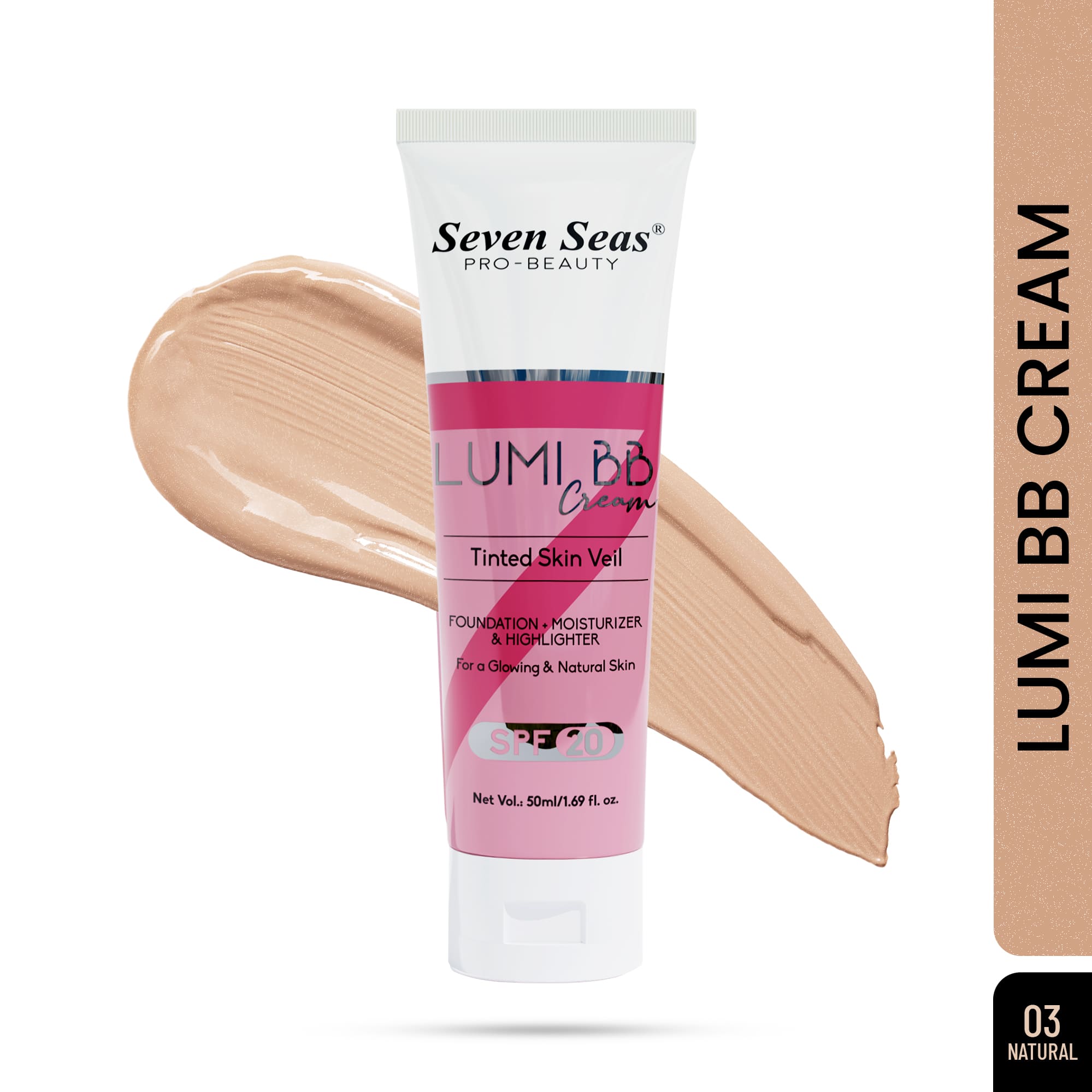 Seven Seas Lumi BB Cream, Tinted Skin Veil Foundation with SPF-20, Foundation + Moisturizer + Highlighter, 50ml - Seven Seas Cosmetics