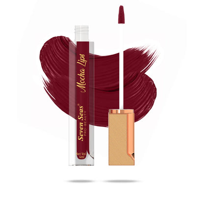 Mocha Lips liquid lipstick with rich burgundy swatch, sleek gold applicator, and 4ml volume for bold makeup looks