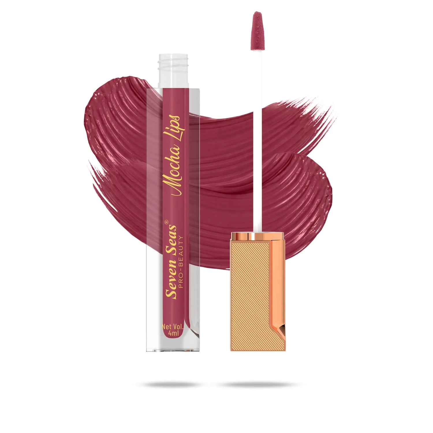 Mocha Lips liquid lipstick with rich burgundy swatch, sleek gold applicator, and transparent tube design