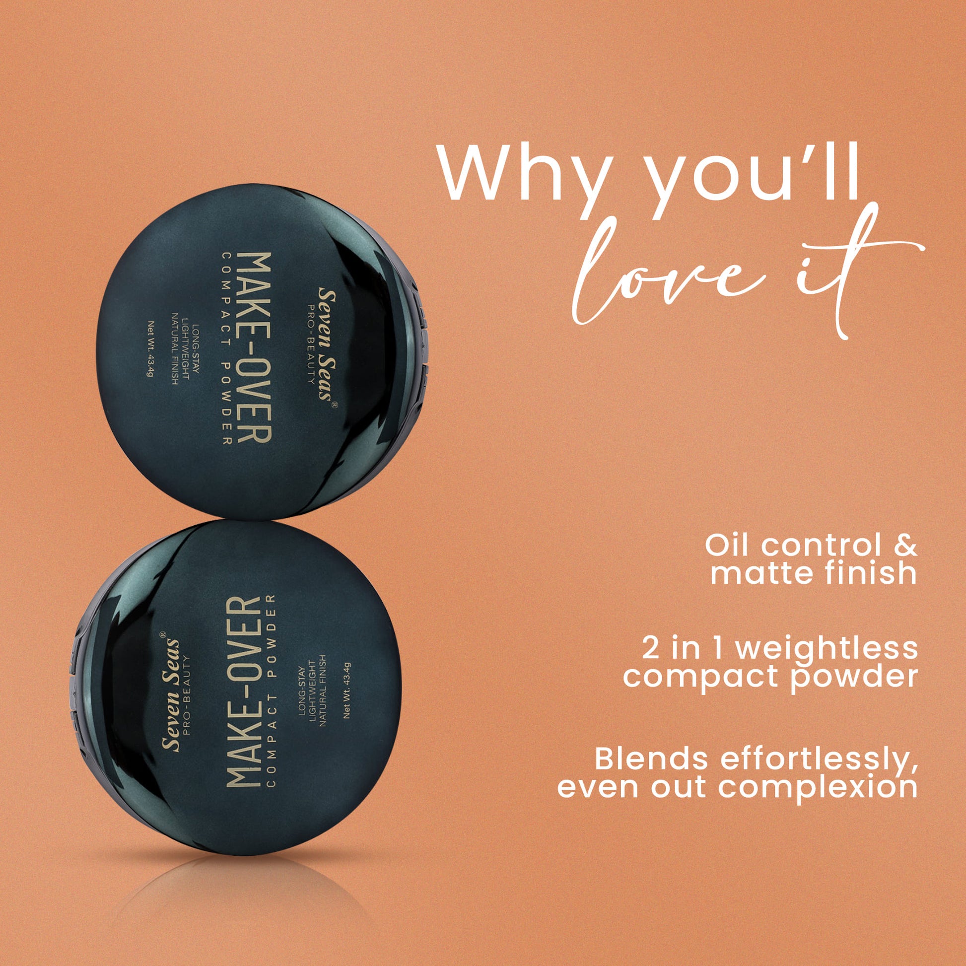 Two black compact powders with text on an orange background