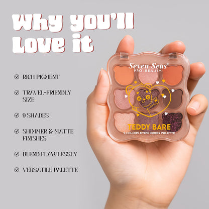 Seven Seas Teddy Bare 9 Colors Eyeshadow Palette | Shimmer &amp; Matte Finish Highly Pigmented Eyeshadow Palette | 9 Shades | Easy To Blend Eyeshadow - Seven Seas Cosmetics