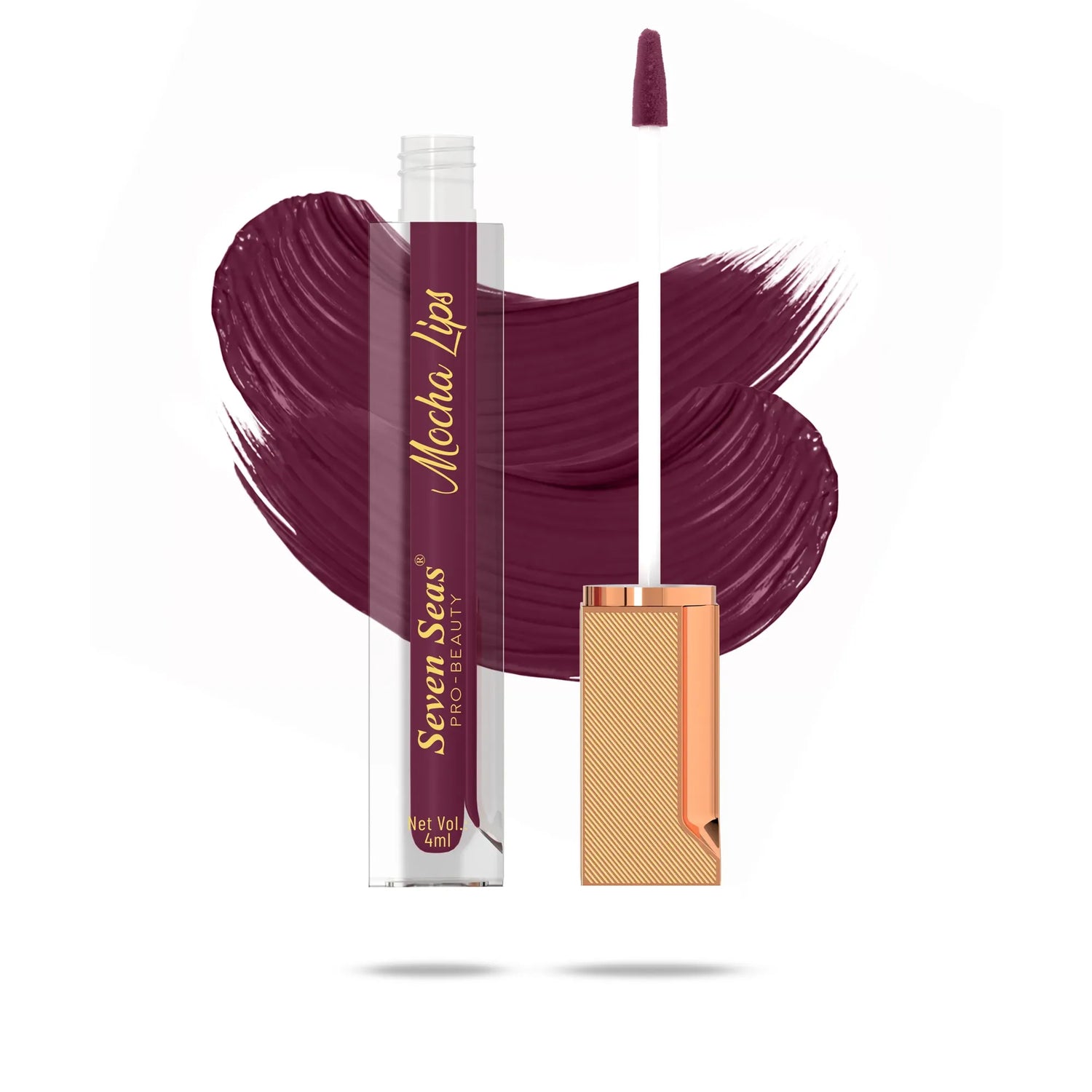 Seven Seas Mocha Lips liquid lipstick in deep burgundy shade with applicator, showcasing rich pigment and smooth texture