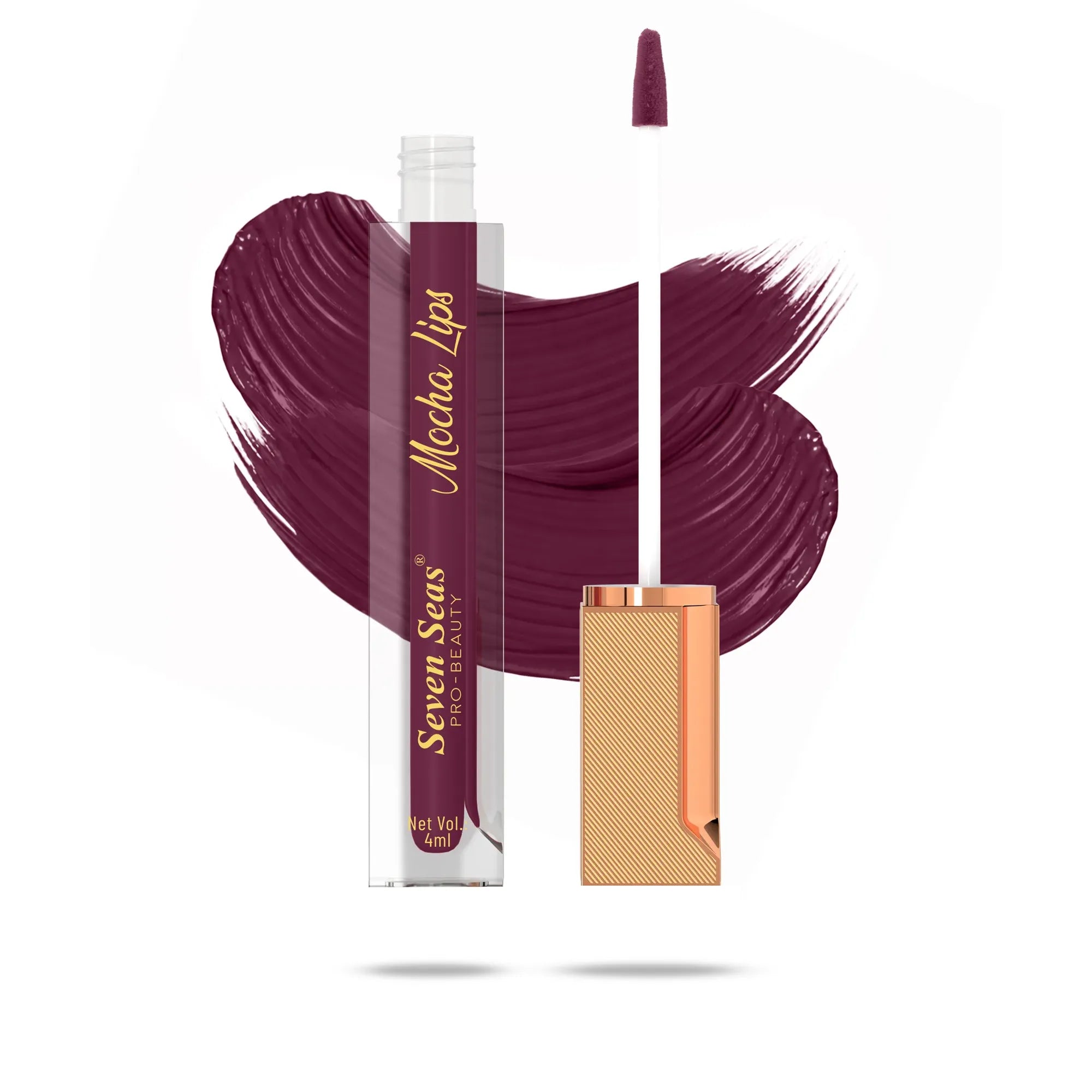 Seven Seas Mocha Lips liquid lipstick in deep burgundy shade with applicator, showcasing rich pigment and smooth texture