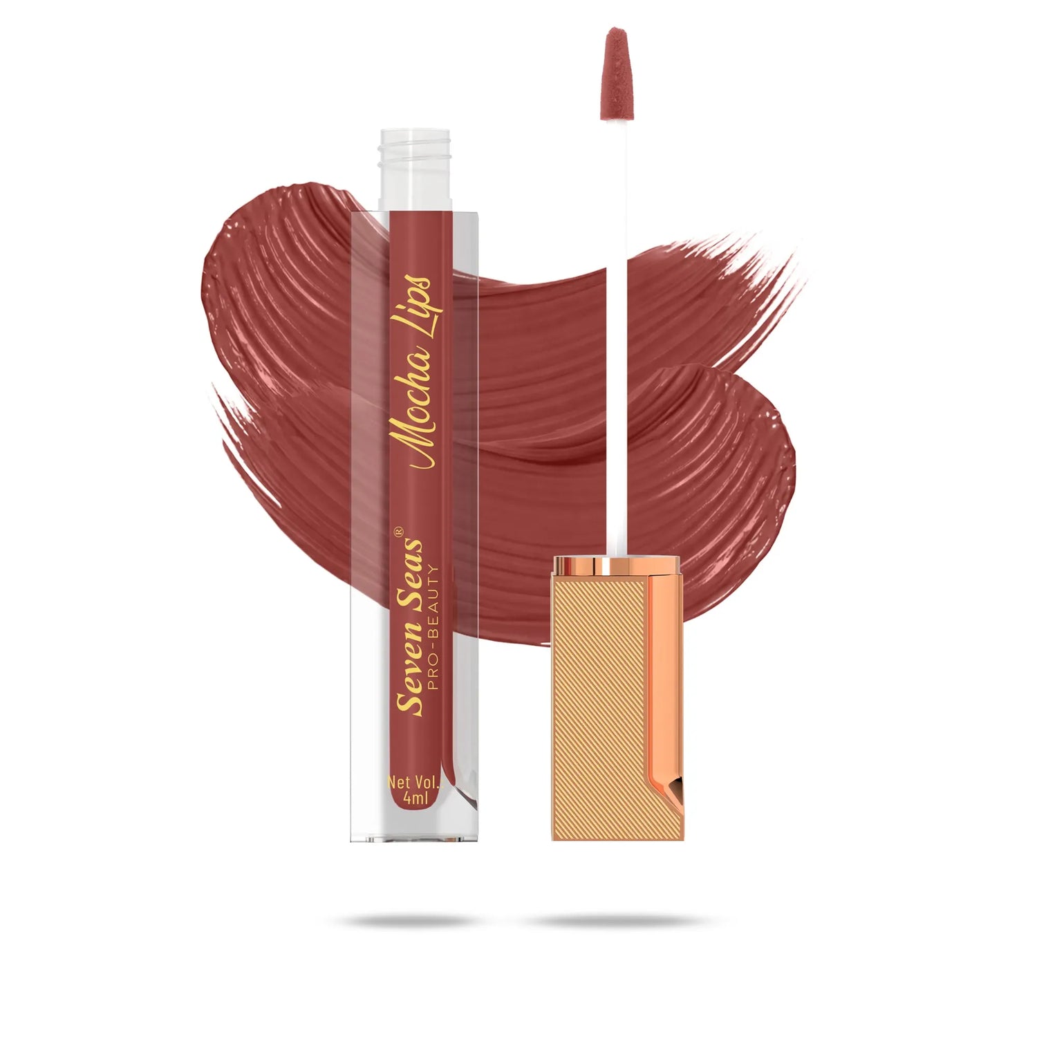 Mocha Lips liquid lipstick with rich brown swatch, sleek applicator, and gold packaging for beauty lovers