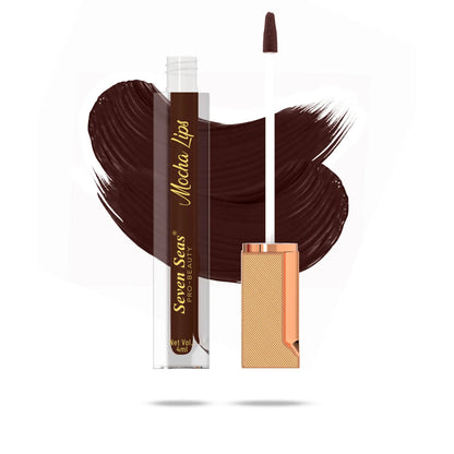 Mocha Lips liquid lipstick with rich brown swatch, sleek applicator, and elegant packaging