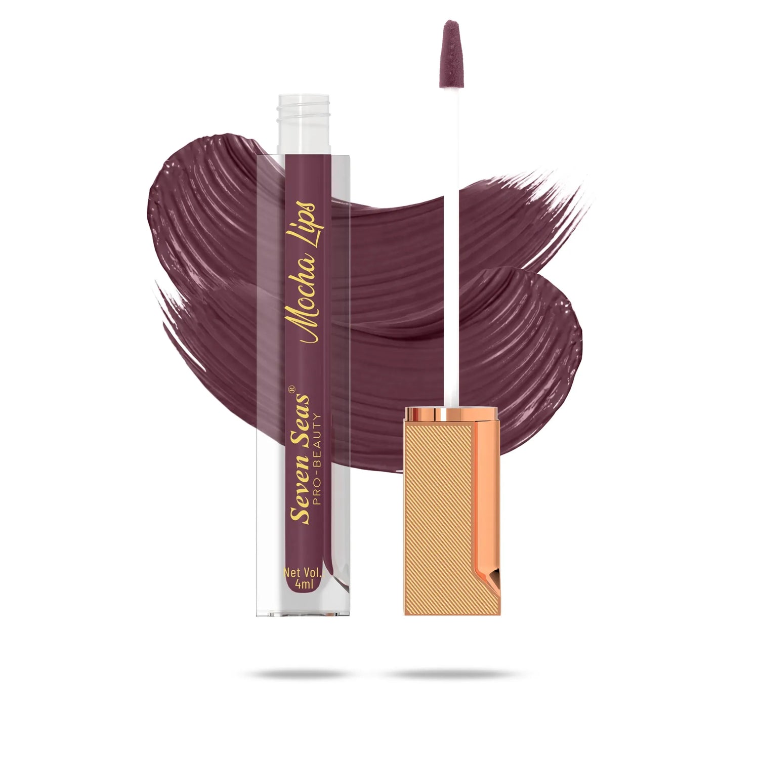 Mocha Lips liquid lipstick with rich mauve swatch, sleek gold applicator, and 4ml volume for bold makeup looks