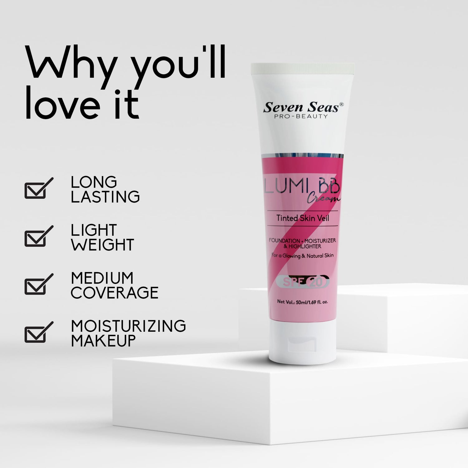 Seven Seas Lumi BB Cream, Tinted Skin Veil Foundation with SPF-20, Foundation + Moisturizer + Highlighter, 50ml - Seven Seas Cosmetics