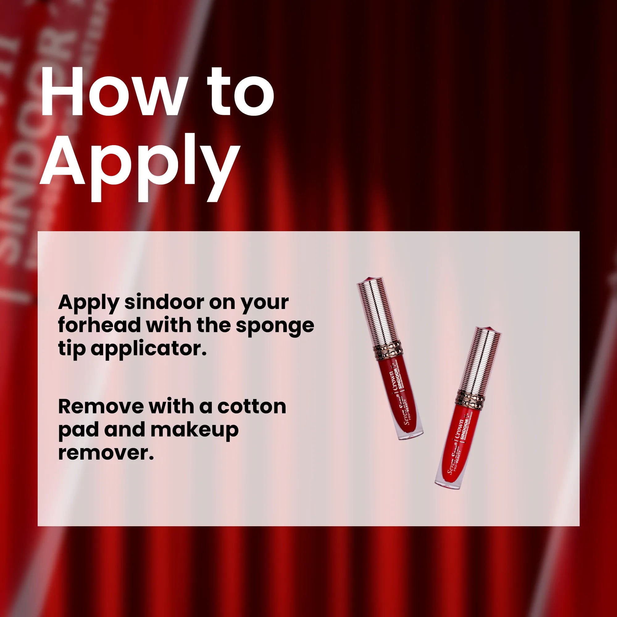 Instructions on applying sindoor with a sponge tip applicator on a red background. buy beauty products online at best price in india . 
