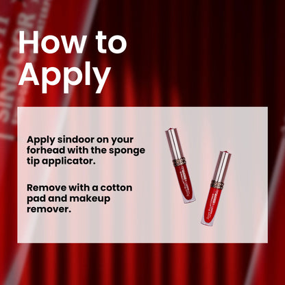 Instructions on applying sindoor with a sponge tip applicator on a red background. buy beauty products online at best price in india . 