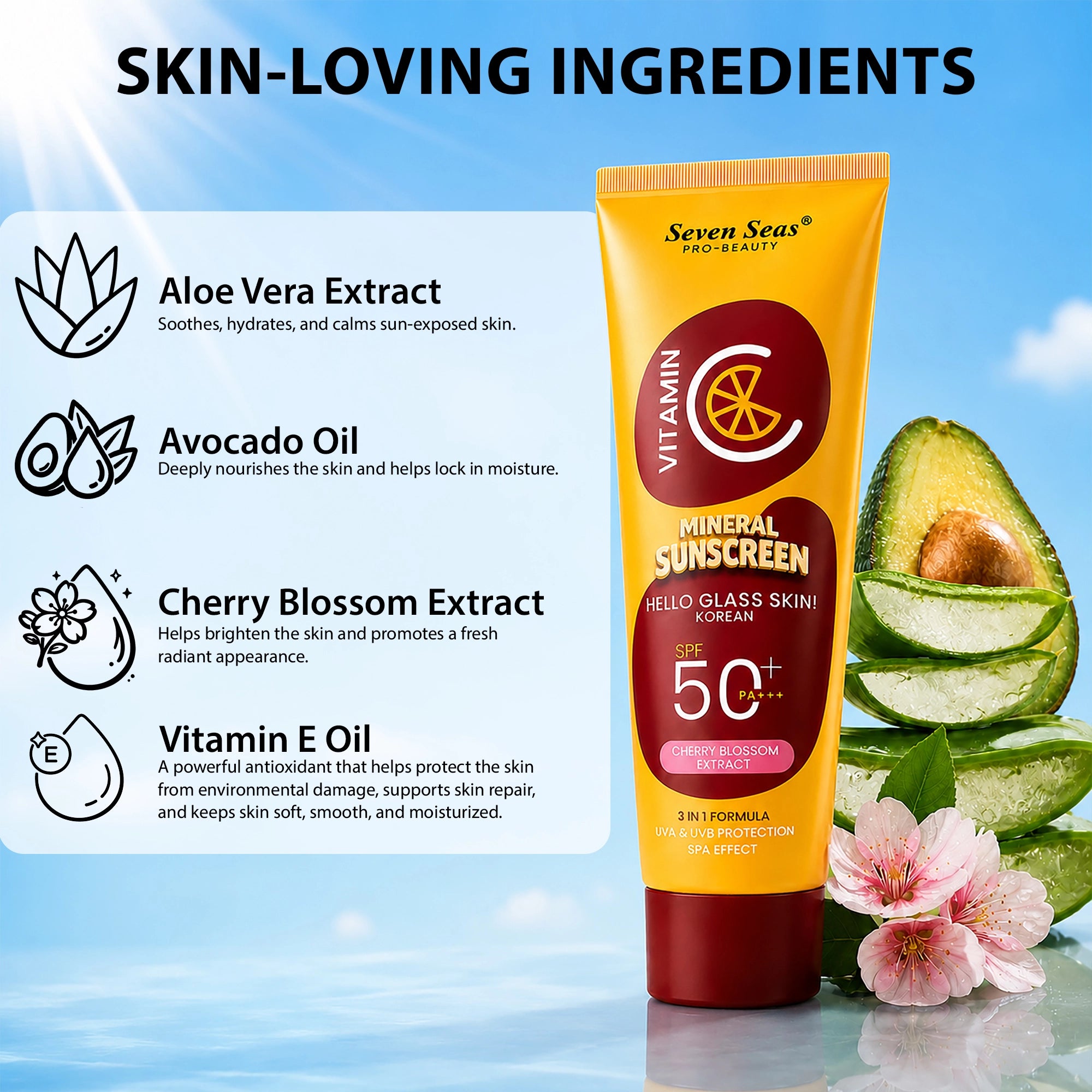 Sunscreen Ingredients - Aloe Vera, Avocado Oil, Vitamin E Oil, Cherry Blossom extract
